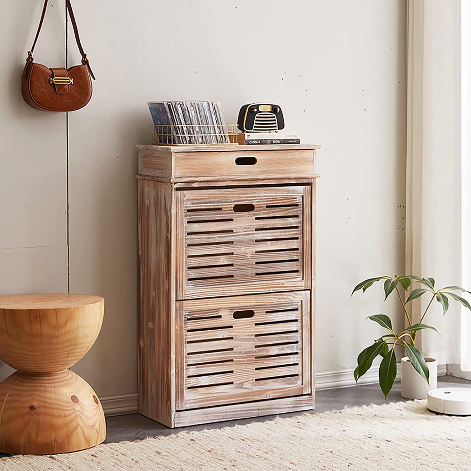 Rustic Solid Wood Shoe Cabinet with Top Drawer - Farmhouse Entryway Shoe Organizer & Storage, Hidden Shoe Rack (53x24x87cm) - Perfect for Entryway, Mudroom, and Hallway Organization