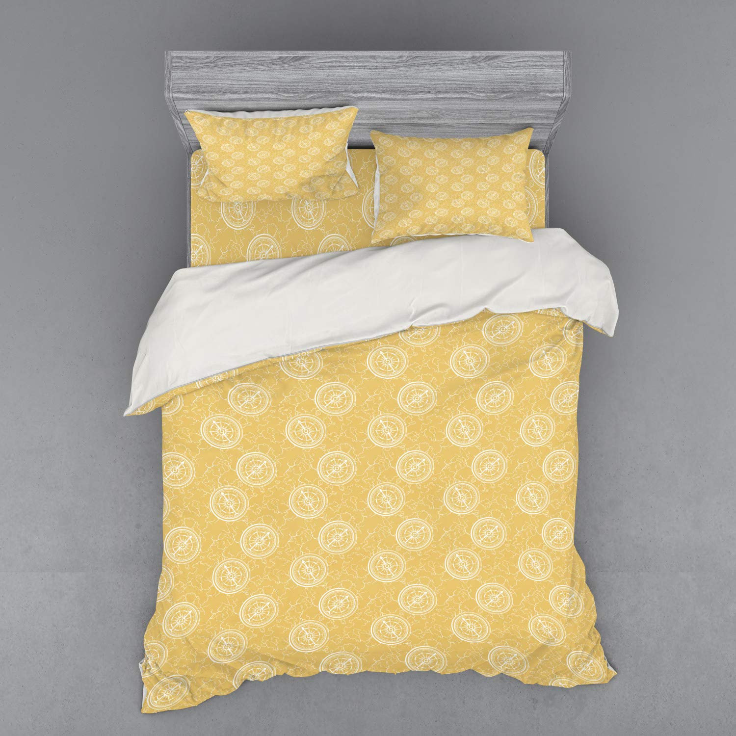 Ambesonne Compass Duvet Cover Set - Vintage Nautical Map & Navigation Tools Print, 4-Piece Queen Size Bedding Set with Shams & Fitted Sheet in Mustard White | Perfect for Coastal, Beach House or Sailor-Themed Bedroom Decor