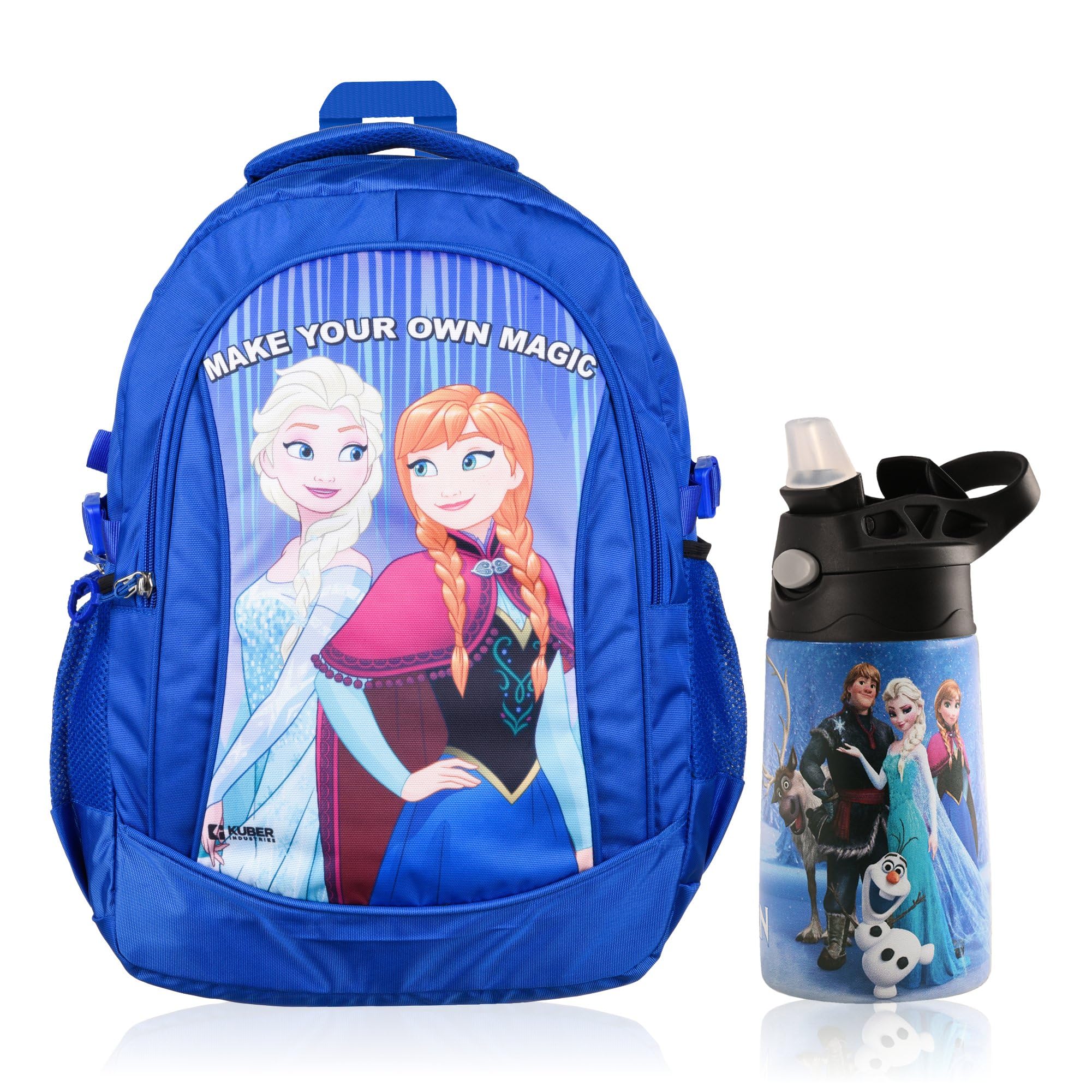 Kuber Industries (2-Pack) Disney Frozen Backpack & 350ml Insulated Water Bottle Set - School & College Combo for Kids & Adults - Blue | Perfect for Daily Use, Travel, Hiking & Outdoor Activities