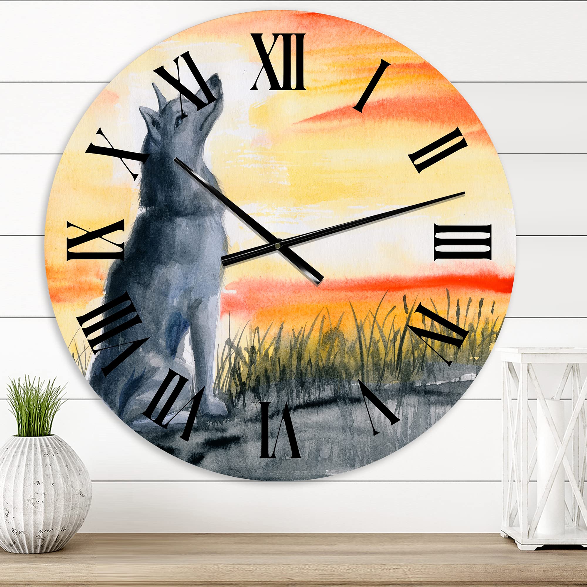 DesignQ Traditional 'Grey Wolf Howling at The Moon' Large Wall Clock - Silent Non-Ticking Battery Operated Round Clock for Living Room, Bedroom, Office & Home Decor - Perfect Gift for Nature Lovers