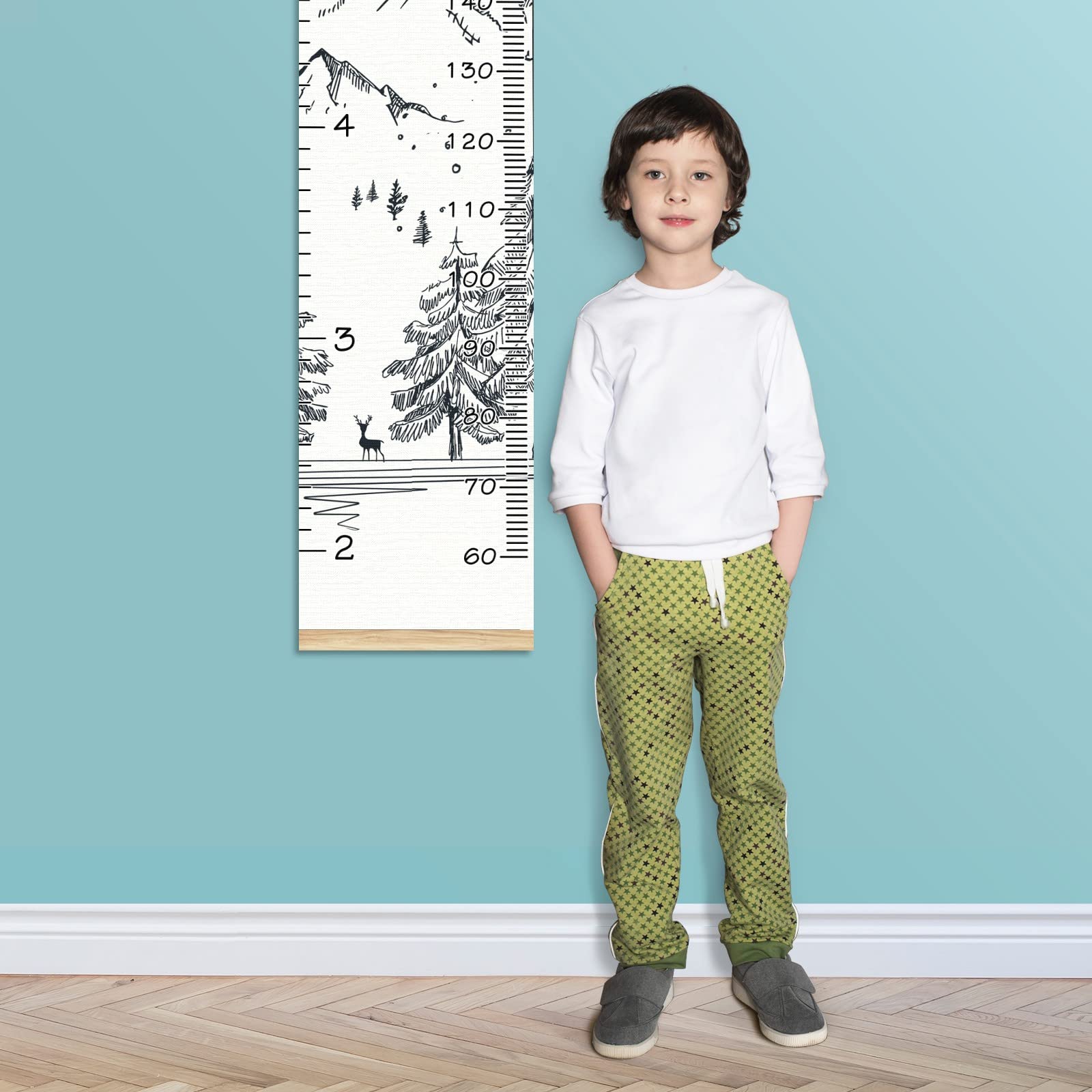 Personalized Kids Name Growth Chart Ruler - Wood Frame Wall Height Measure for Children 13.4x56 Inches - Linen Hanging Growth Tracker for Nursery, Bedroom & Playroom Decor - Perfect for Winter Mountain Themed Kids Rooms & Baby Shower Gifts
