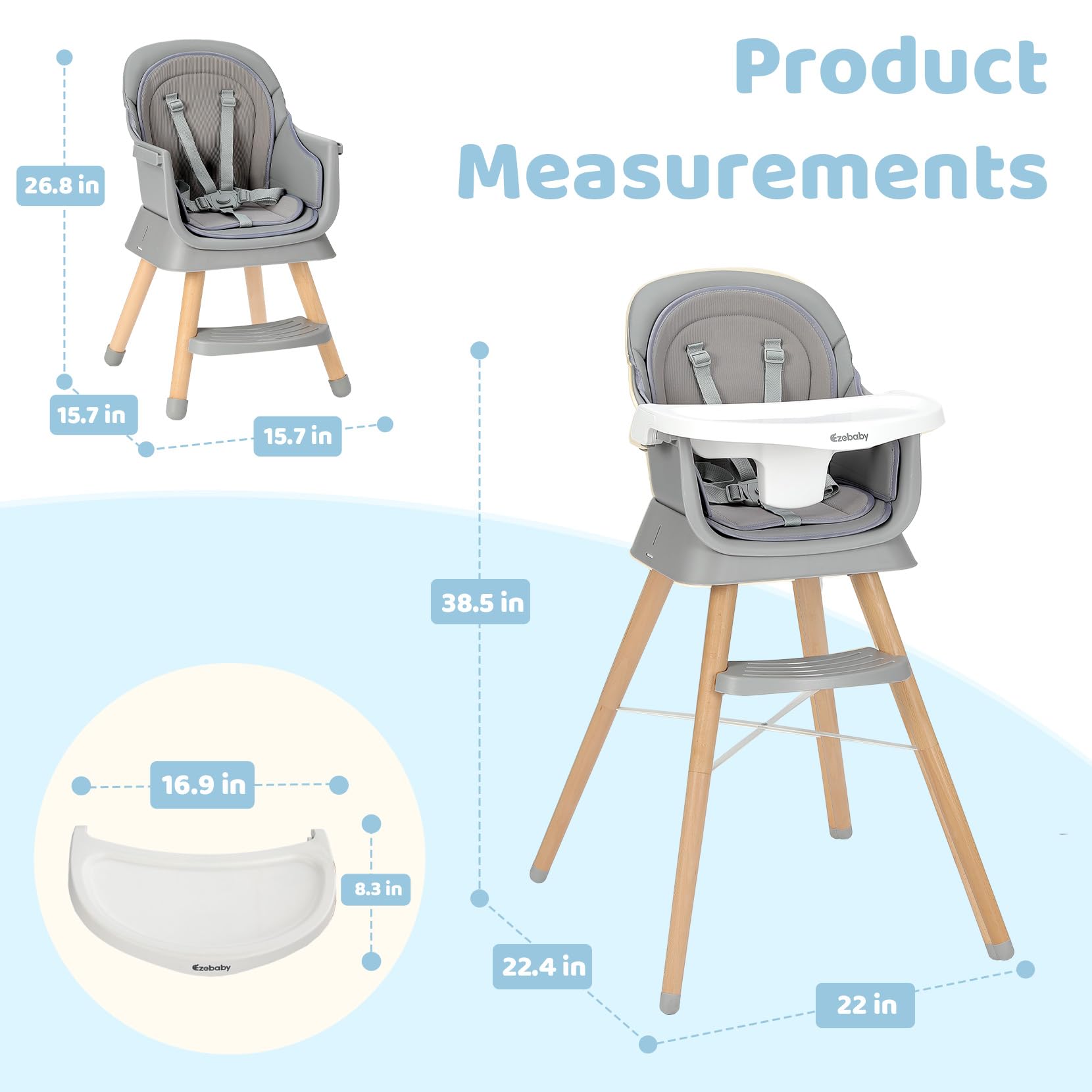 Ezebaby 6-in-1 Portable Baby High Chair with Adjustable Legs & Double Cushions - Convertible Toddler Booster Seat for Dining Table | Perfect for Home, Travel & Restaurant Use (Grey)