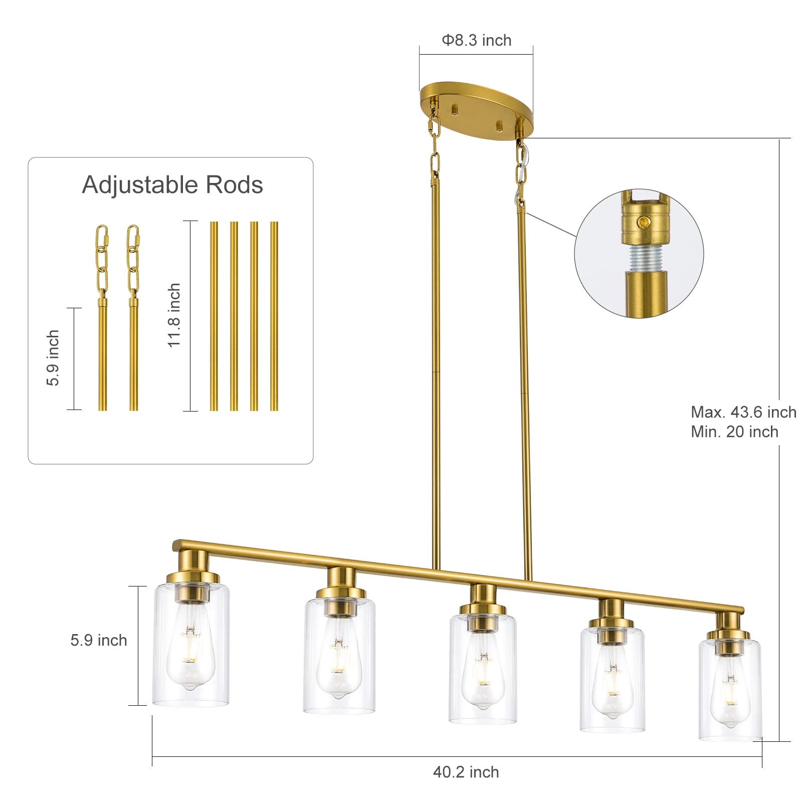 Modern 5-Light Kitchen Island Lighting - Gold Linear Farmhouse Chandelier with Clear Glass Shade for Dining Room & Breakfast Nook - Perfect Over Tables, Countertops and Kitchen Islands