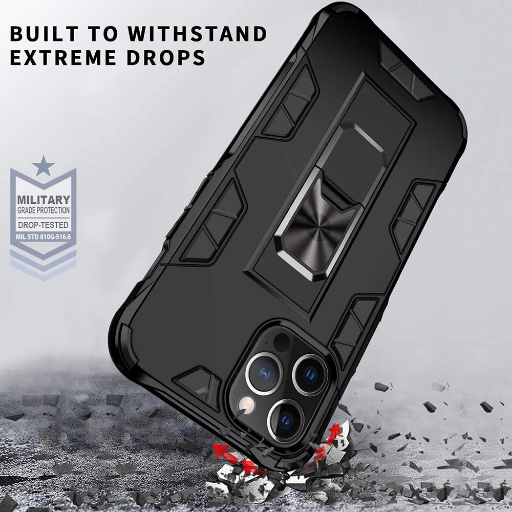 Military Grade Shockproof iPhone 12 Pro Max Case with Built-in Kickstand & Magnetic Car Mount | Tempered Glass Screen Protector Included | Rose Gold Protective Phone Cover for Work, Travel & Outdoor Activities