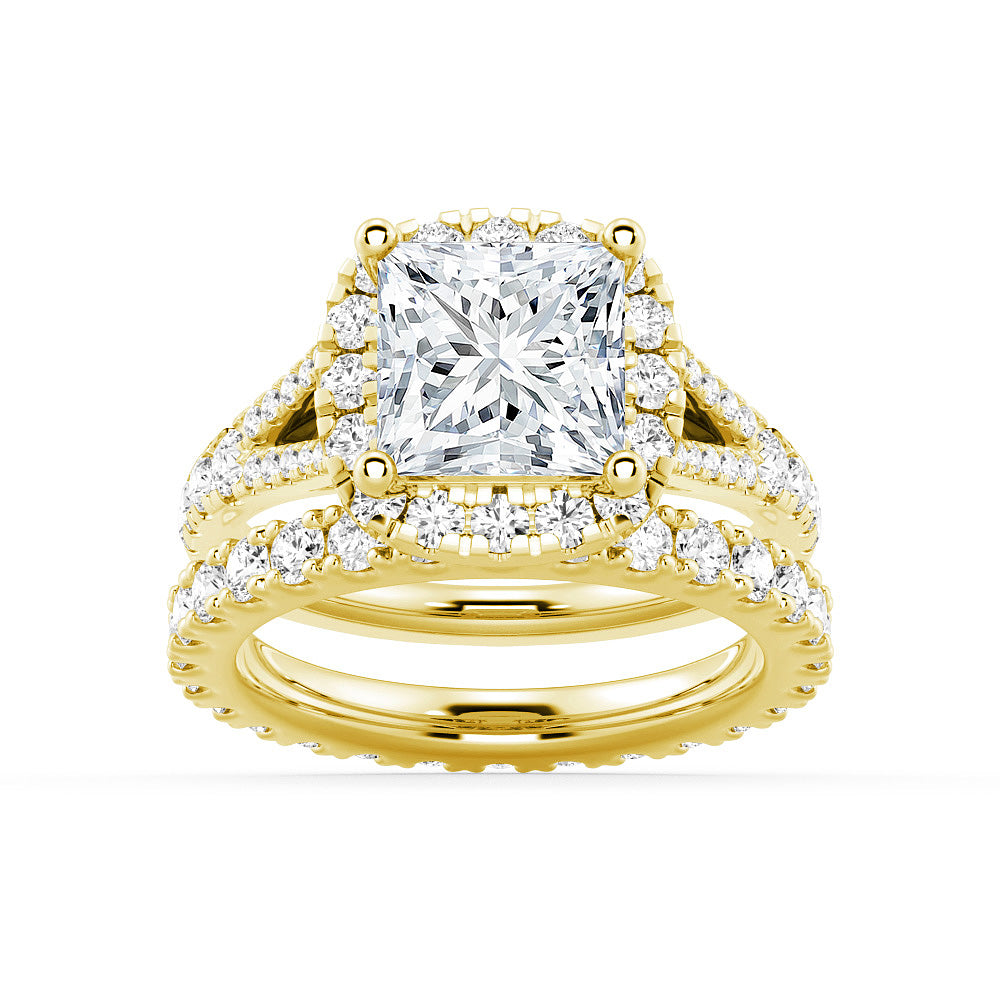 Princess Cut Split Shank Halo Moissanite Engagement Ring Set with Matching Wedding Band - Perfect for Proposals, Anniversaries & Bridal Jewelry