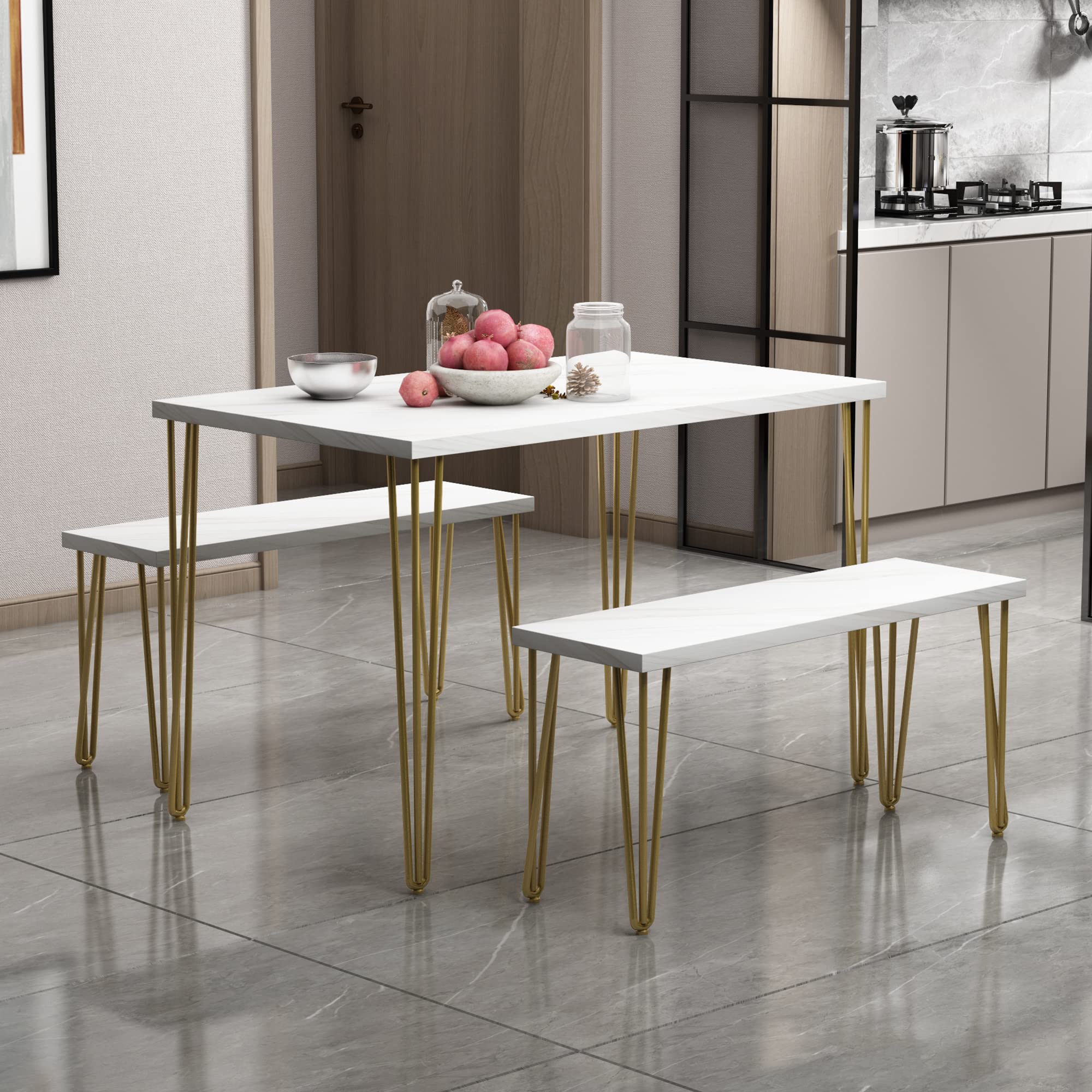 Rustic Farmhouse 3-Piece Dining Table Set with Wooden Table & 2 Benches - Thick Tabletop, Iron Frame - Seats 4 - Faxu Marble White & Gold Finish - Perfect for Kitchen, Dining Room, Patio or Small Space Decor