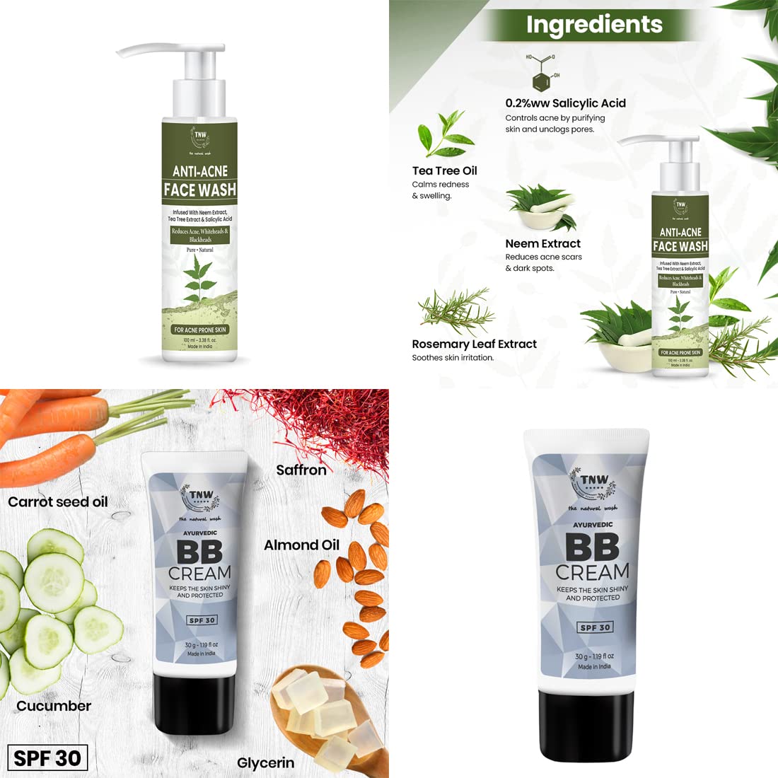 TNW Anti Acne Face Wash & BB Cream Combo - Paraben-Free for Clear Skin