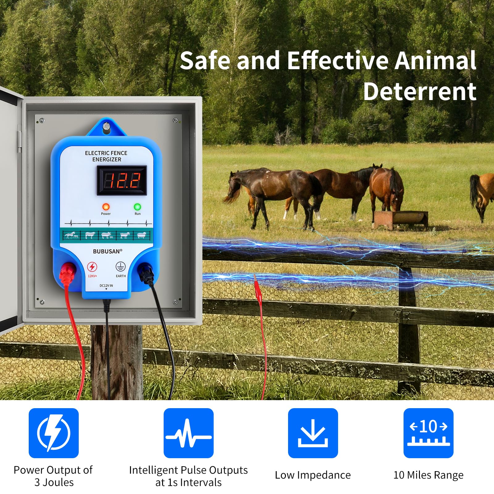 High Power Electric Fence Energizer - 3J Output Livestock Fence Charger with LED Display | Low Impedance 10-Mile Range | Perfect for Cattle, Horses, Sheep & Farm Animal Protection