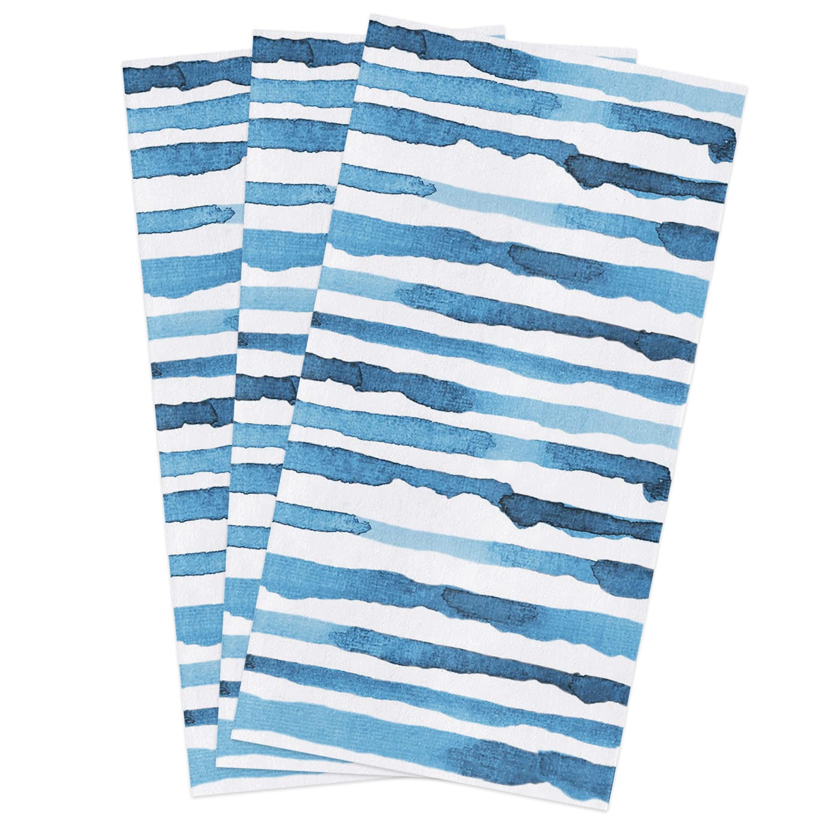 Vintage Watercolor Blue Stripe Dish Cloths - Soft Absorbent Reusable Kitchen Towels (Pack of 3, 18x28 Inches) for Washing Dishes, Drying Hands & Household Cleaning - Retro Geometric Pattern Cotton Dish Towels