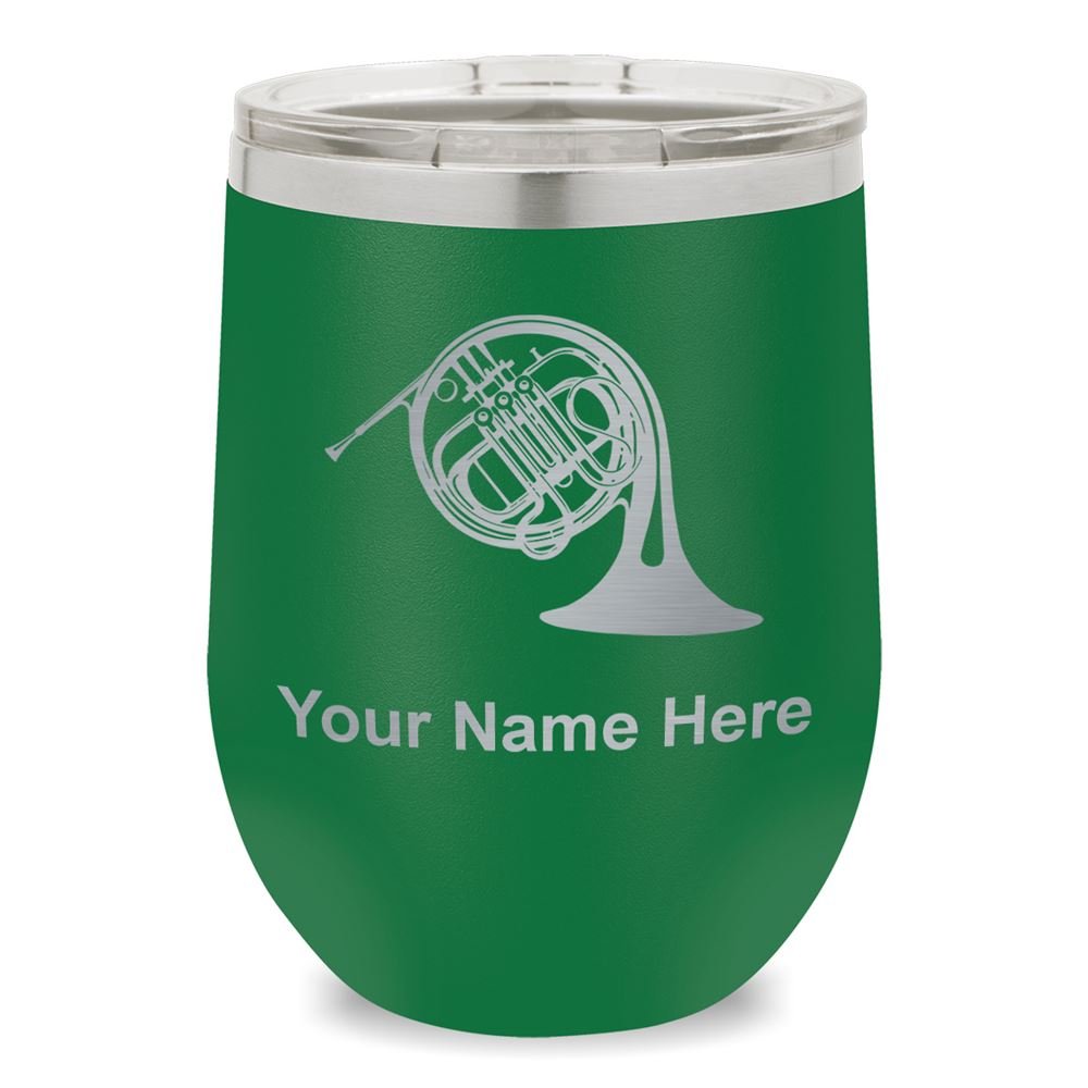 Personalized Engraved Wine Glass Tumbler - French Horn Design, 16oz Stemless Glass for Red & White Wine - Perfect for Wedding Gifts, Anniversary, Birthday & Home Bar Use (Green)