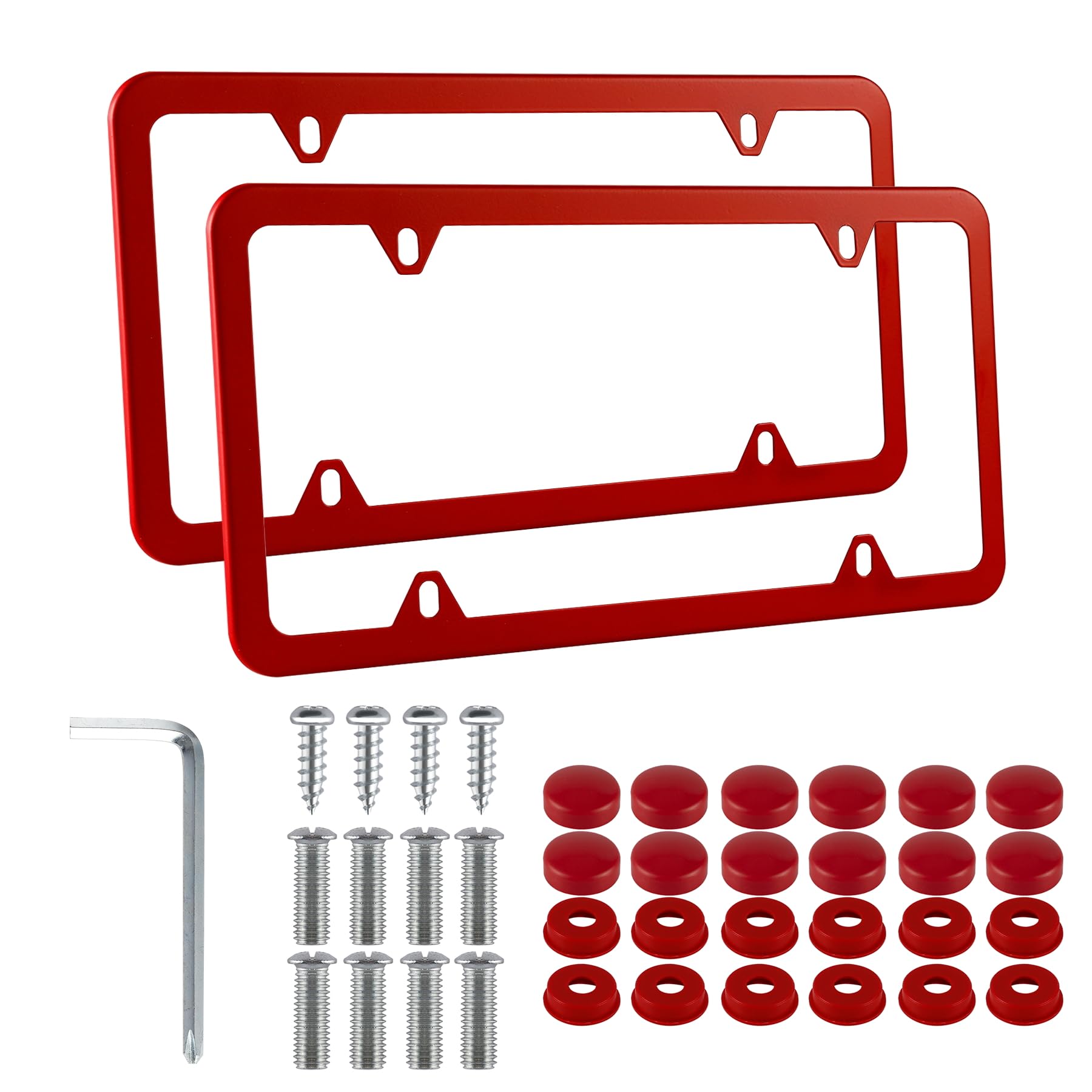 Premium 2-Pack Stainless Steel License Plate Frames for US Vehicles - 4 Hole Design with Included Screws, Washers & Caps - Durable Car Exterior Accessories (Red) - Perfect for Customization & Vehicle Protection in All Weather Conditions