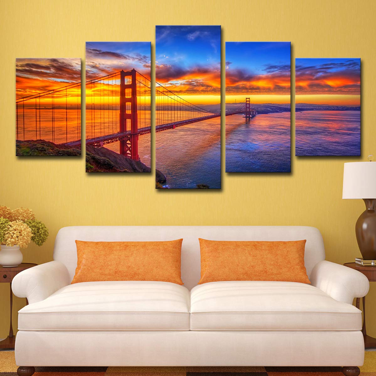 5 Panels Modern Canvas Wall Art - Golden Gate Bridge at Sunrise San Francisco Cityscape Landscape Print - Giclee Artwork for Living Room, Bedroom & Office Decor - Home & Wall Decoration Gift Idea