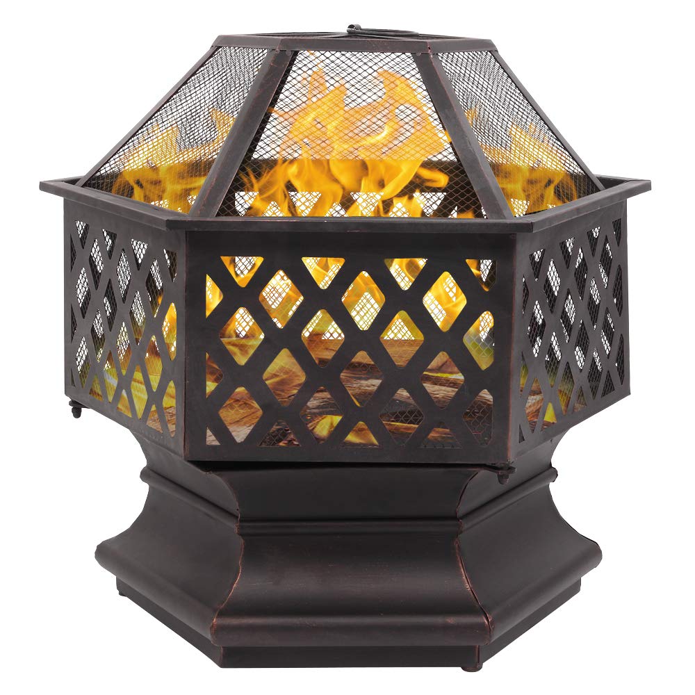 Yuemengxuan 22-inch Hexagonal Metal Fire Pit - Portable Outdoor Wood Burning Stove for Backyard, Garden & Patio | Durable Iron Brazier for Camping, BBQ & Cozy Nights