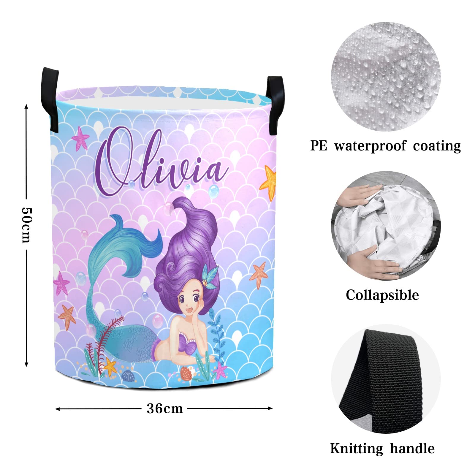 Personalized Mermaid Laundry Basket with Name - Custom Kids Laundry Hamper for Girls & Toddlers - Perfect for Bedroom, Nursery, or Playroom Organization (Style 01)