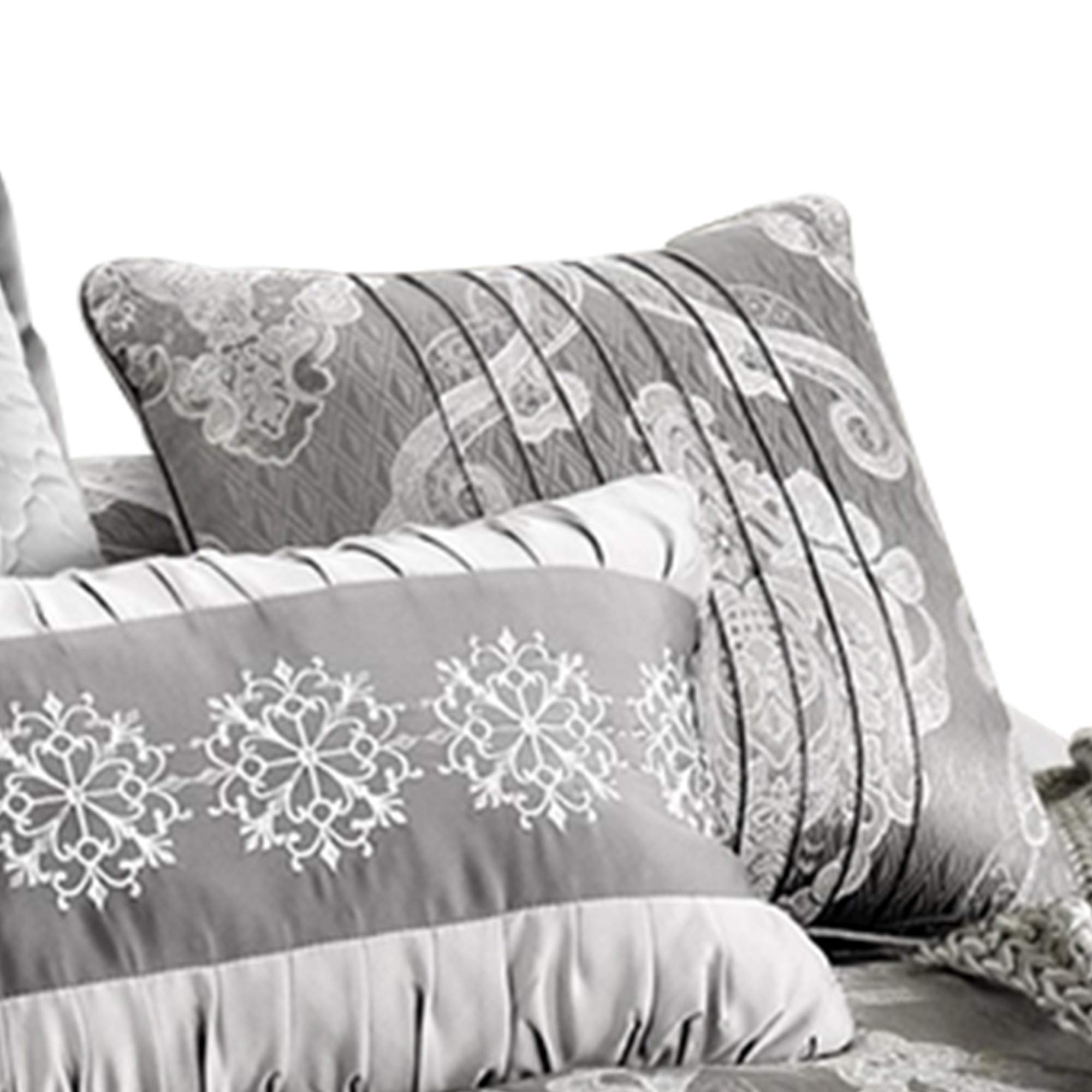 Benjara 12-Piece King Size Polyester Comforter Set with Elegant Medallion Print in Gray - Luxury Bedding for Master Bedroom & Guest Room Decor