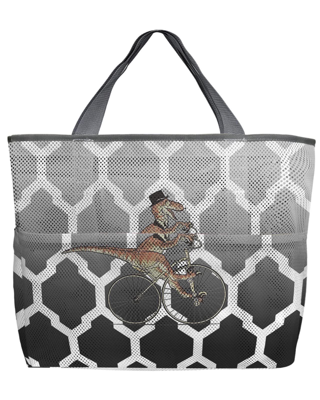 Ombre Black Dinosaur Mesh Beach Tote Bag - 60L Oversized Quick-Dry Swim Bag with Pockets | Foldable Storage Net for Pool, Beach & Groceries (24x16x9 inches) | Perfect for Summer Outings, Water Activities & Shopping