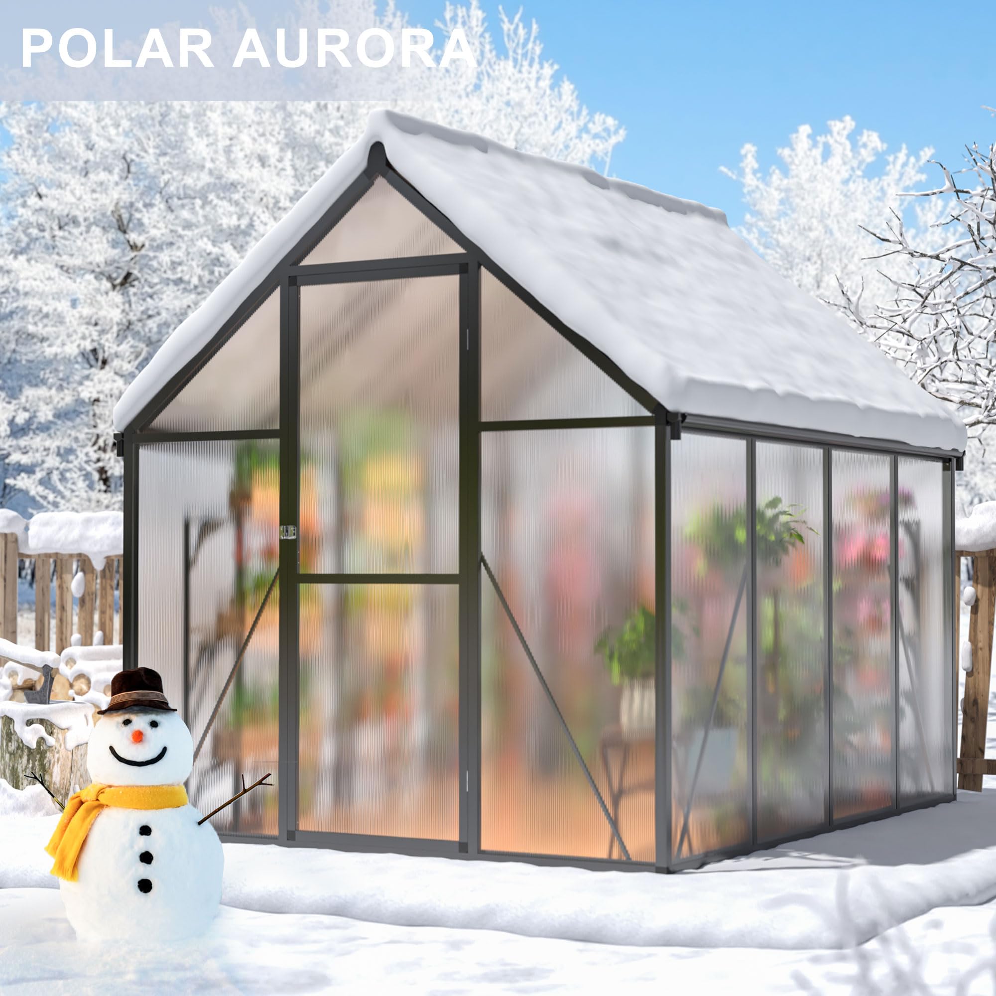 6x8 FT Polar Aurora Greenhouse - Quick Assembly Aluminum Frame with Polycarbonate Panels - Walk-in Outdoor Greenhouse with Ventilated Windows - Perfect for Backyard Gardening, Plant Growing & Home Farming