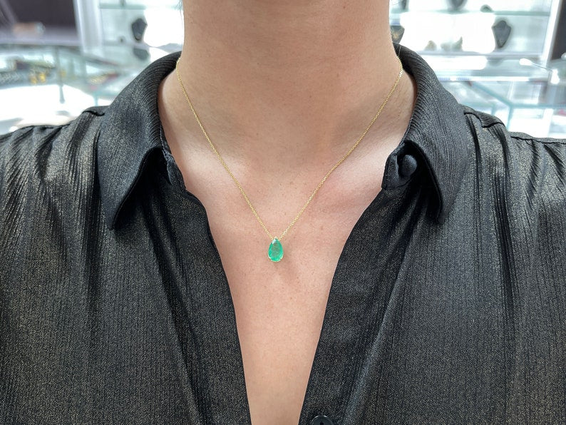 2.71 Carats 14K Gold Pear Cut Colombian Emerald Solitaire Pendant Necklace with 3-Prong Slider - Elegant Jewelry for Weddings, Anniversaries & Special Occasions