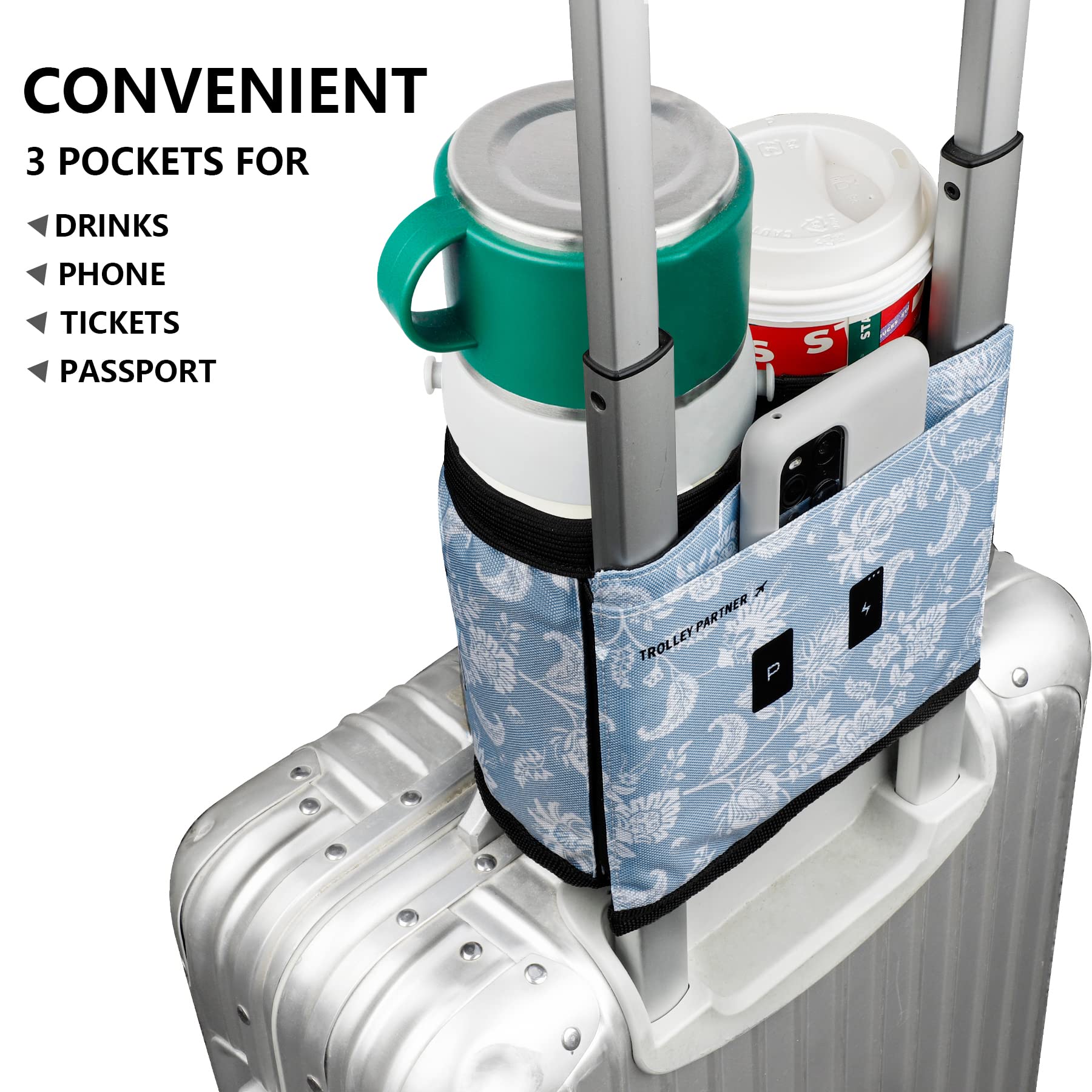 Riemot Travel Cup Holder for Suitcase - 2 Coffee Mug Carrier with Free Hands Design - Fits Roll-On Luggage Handles - Perfect Gift for Flight Attendants & Travelers - Blue Floral Pattern - Ideal for Airports, Commuting & Road Trips
