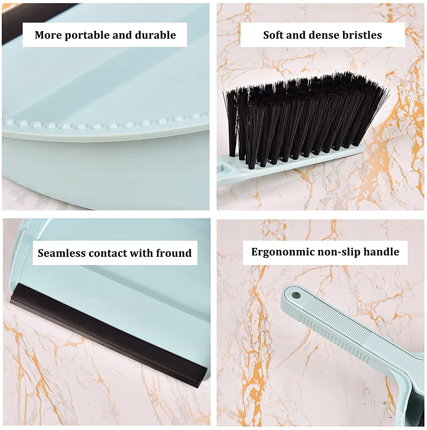 Mini Broom and Dustpan Set - 2 Pack Compact Handheld Sweeping Kit for Home, Kitchen, Office & Car Cleaning - Blue Dust Brush with Small Pan - Perfect for Quick Spills, Pet Hair & Tight Spaces