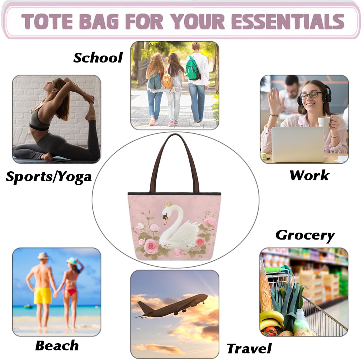 Elegant Swan Roses Floral Tote Bag for Women - Zippered Work & Travel Handbag - Perfect for Office, Commute, and Weekend Getaways