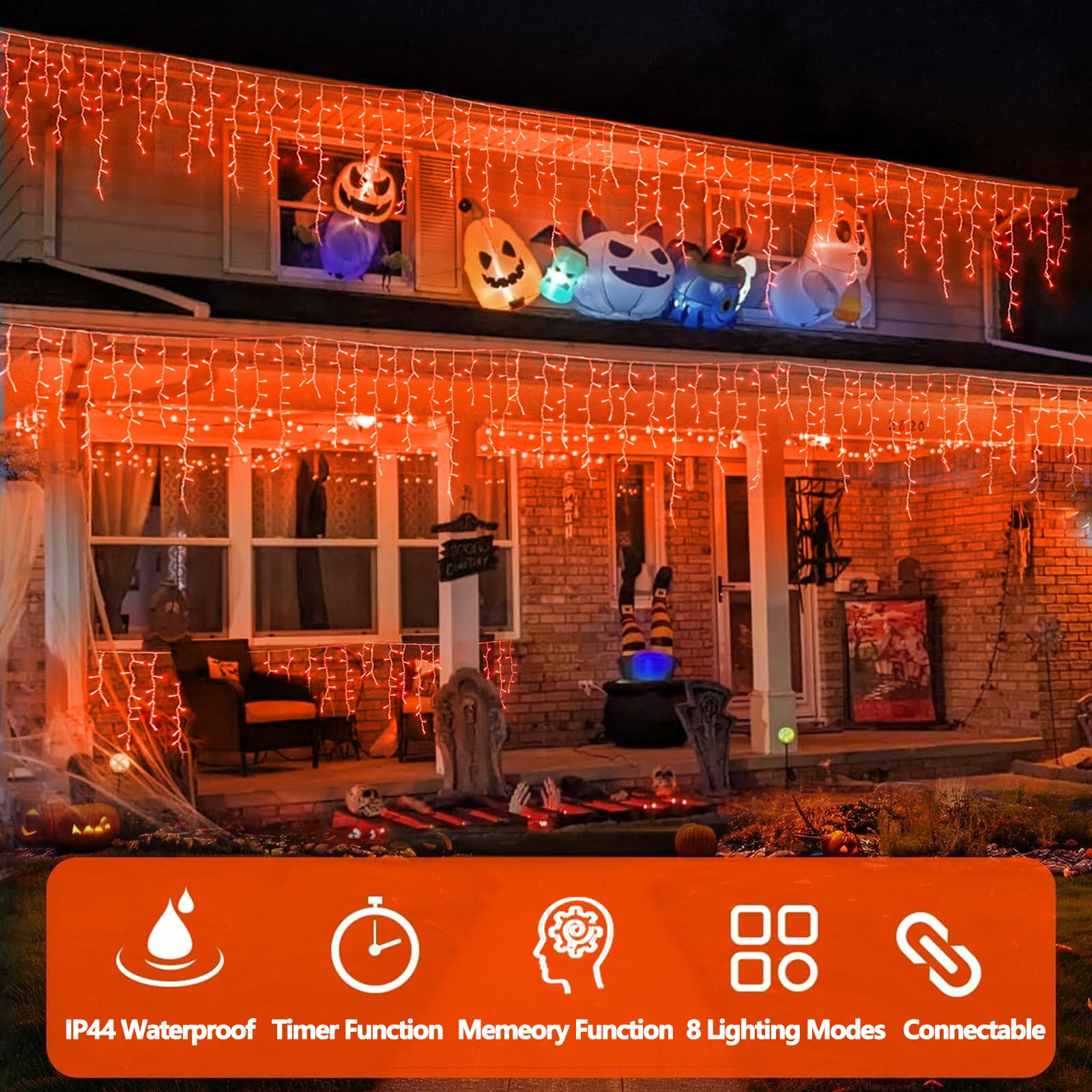 YEGUO 33ft 400 LED Orange Icicle Christmas Lights - Connectable 80 Drops Outdoor String Lights with 8 Lighting Modes & Memory Function | Perfect for Holiday Decor, Christmas Tree, Window, Roof & Party Decoration