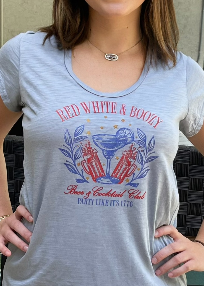 Red White and Boozy Graphic Patriotic 4th of July T-Shirt - American Flag Themed Party Shirt for Independence Day Celebrations, BBQ Parties & Summer Festivals