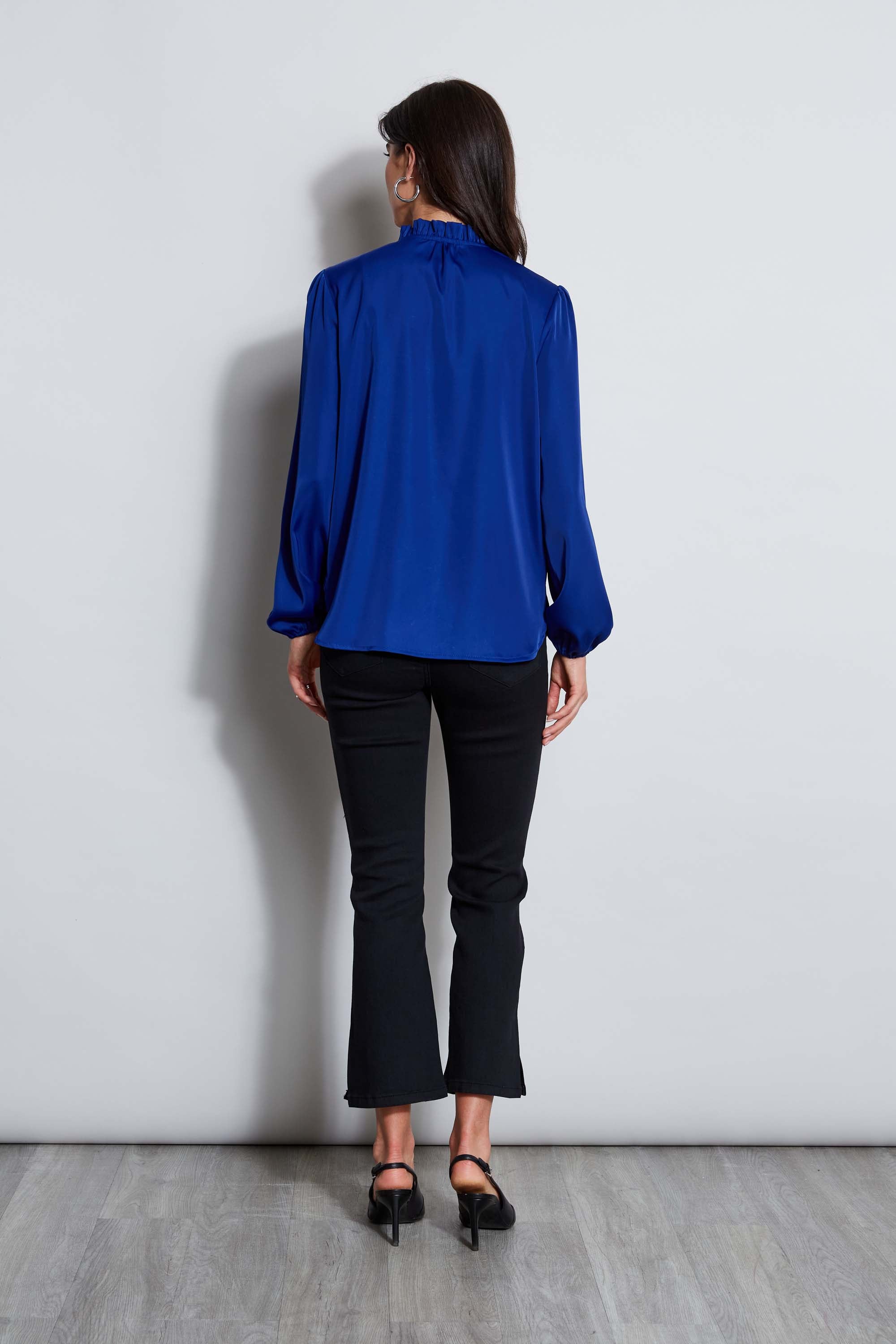 Tahari Women's V-Neck Satin Blouson Shirt - Elegant Long Sleeve Tunic Top for Work, Party & Special Occasions
