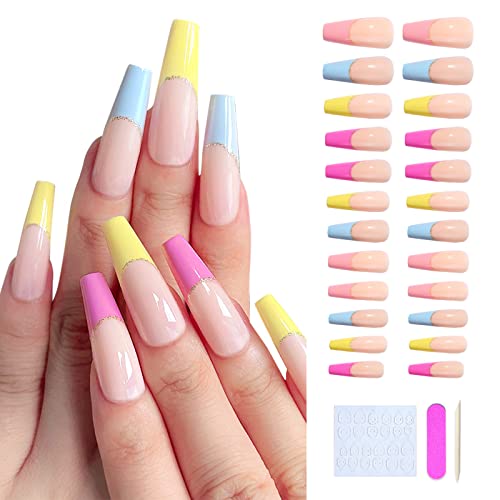 24Pcs Long Coffin Press-On Nails - Acrylic Fake Nails Kit with Glue & Stickers, Multicolor False Nails for Women & Girls - Perfect for Parties, Weddings & Daily Wear