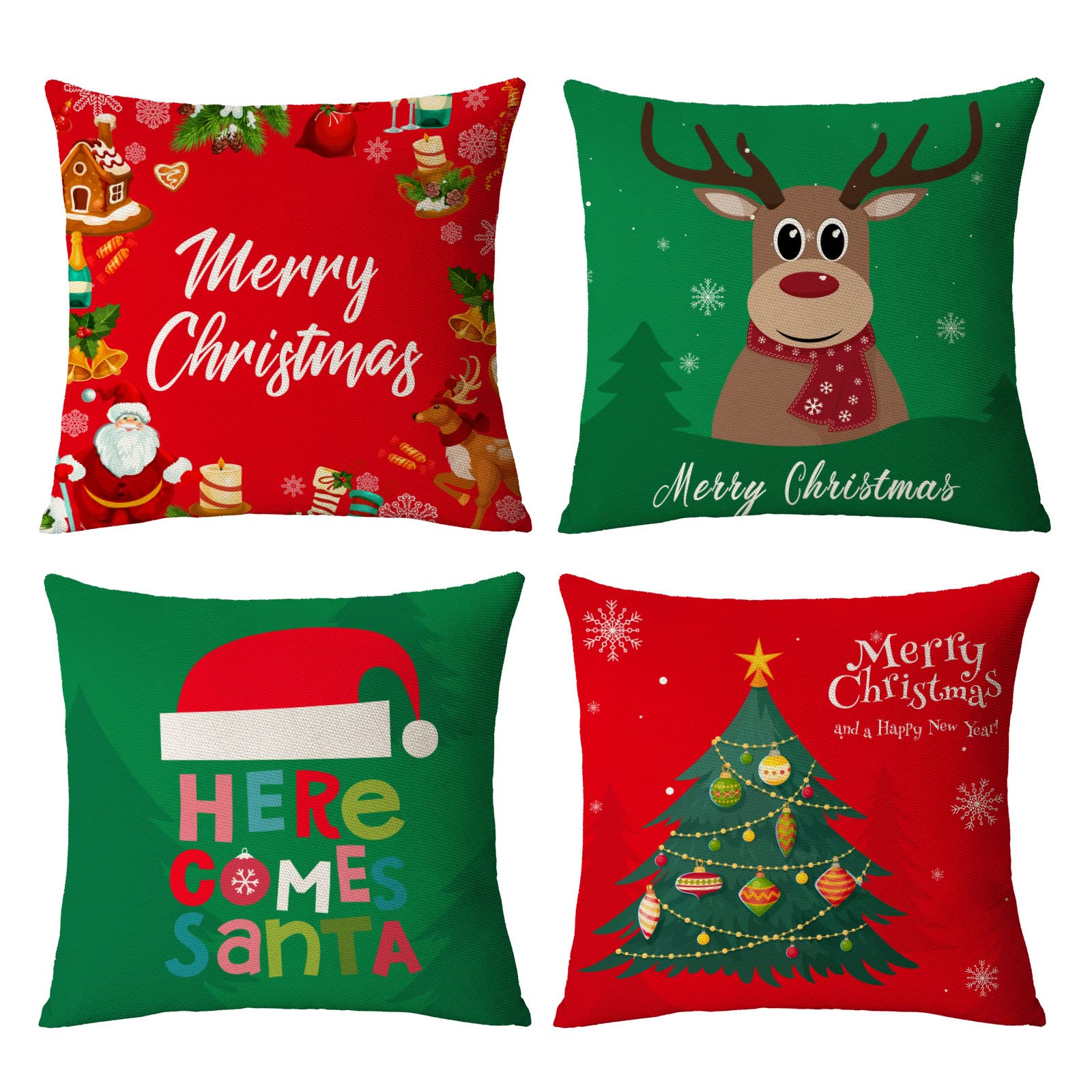 18x18 Inch Christmas Pillow Covers Set of 4 - Festive Red and Green Holiday Throw Pillow Cases with Christmas Tree, Deer & Truck Designs - Perfect for Sofa, Couch, Bed or Outdoor Christmas Decorations (18 Inch Square)