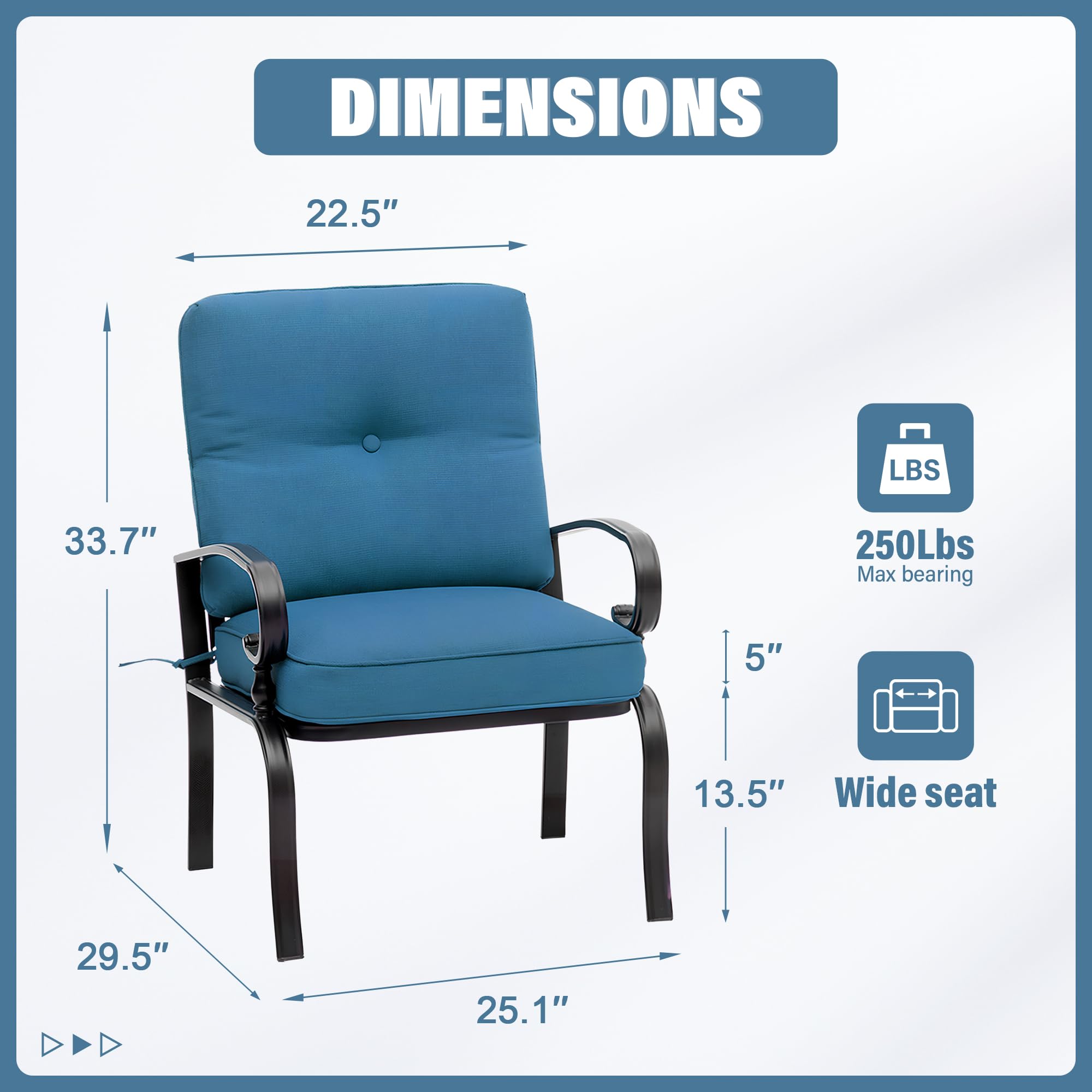 2 Pcs Patio Dining Chairs Bistro Set - Wrought Iron Outdoor Furniture with Blue Cushions, All-Weather Garden Seating for Backyard, Balcony or Poolside Relaxation