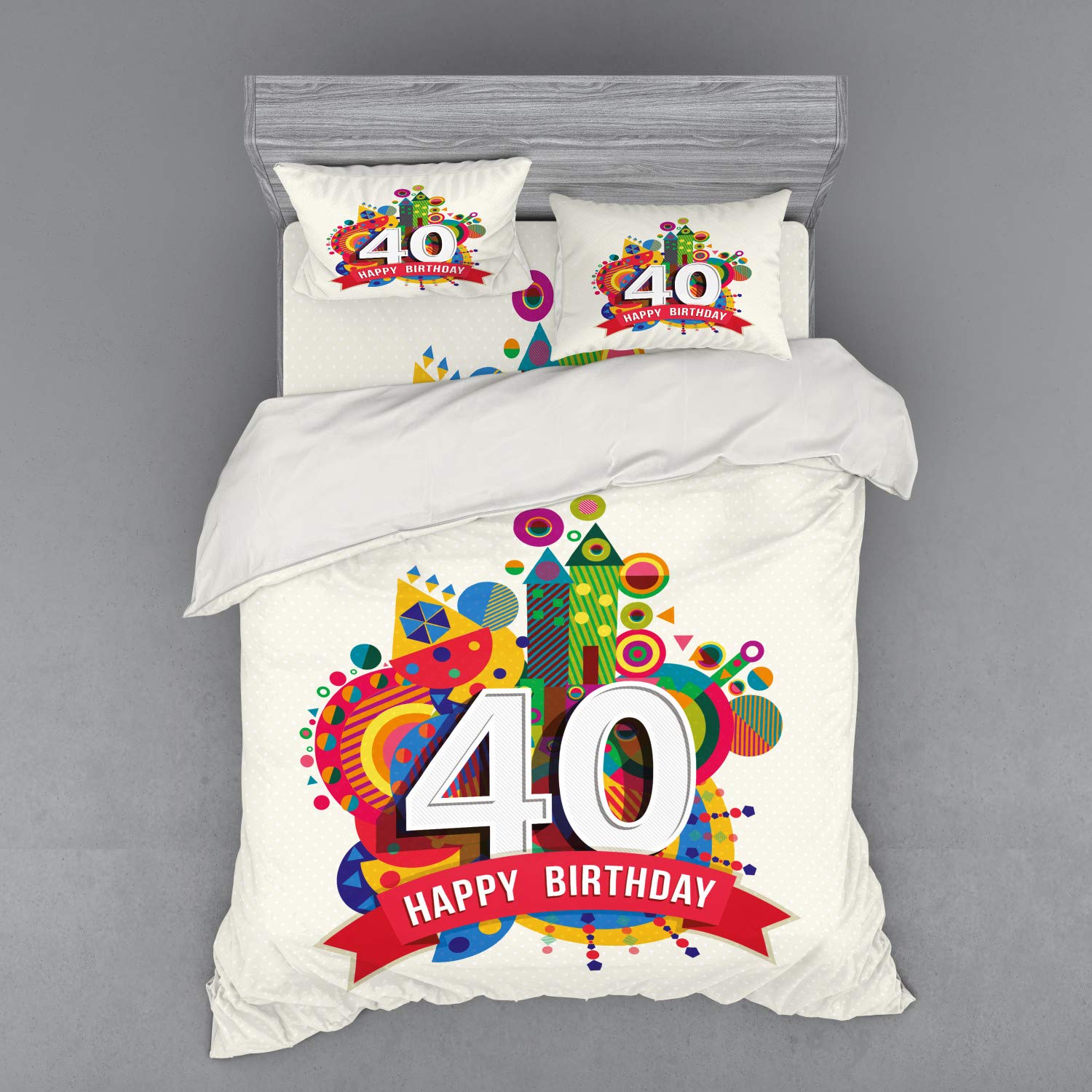 Ambesonne 40th Birthday Duvet Cover Set - Colorful Cartoon Dots & Banner Print 4-Piece Bedding Set with Shams & Fitted Sheet, Queen Size Multicolor - Perfect for Birthday Party Decorations & Fun Bedroom Makeovers