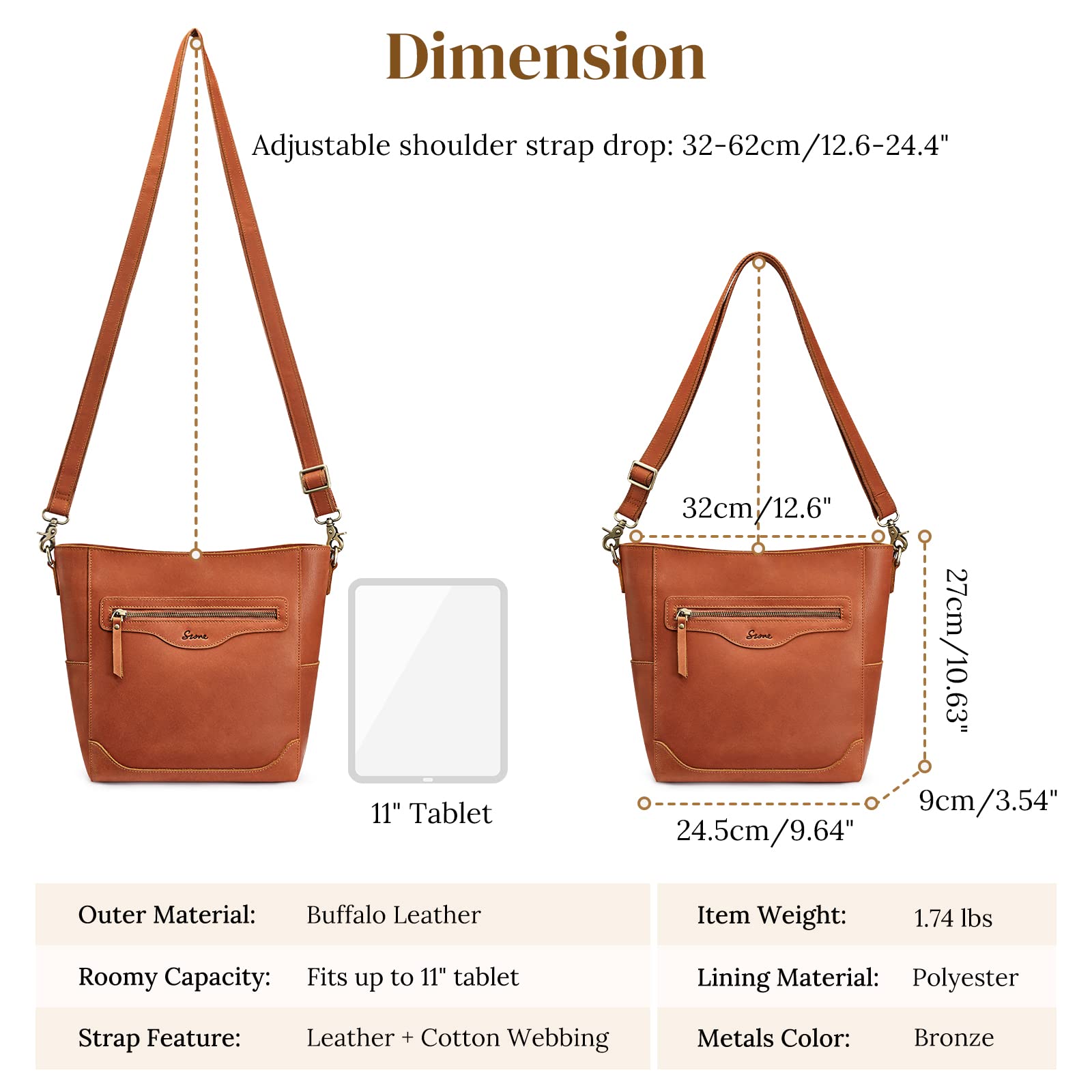 S-ZONE Genuine Leather Women's Vintage Bucket Shoulder Bag Crossbody Purse with Outer Pocket - Perfect for Work, Travel & Everyday Use