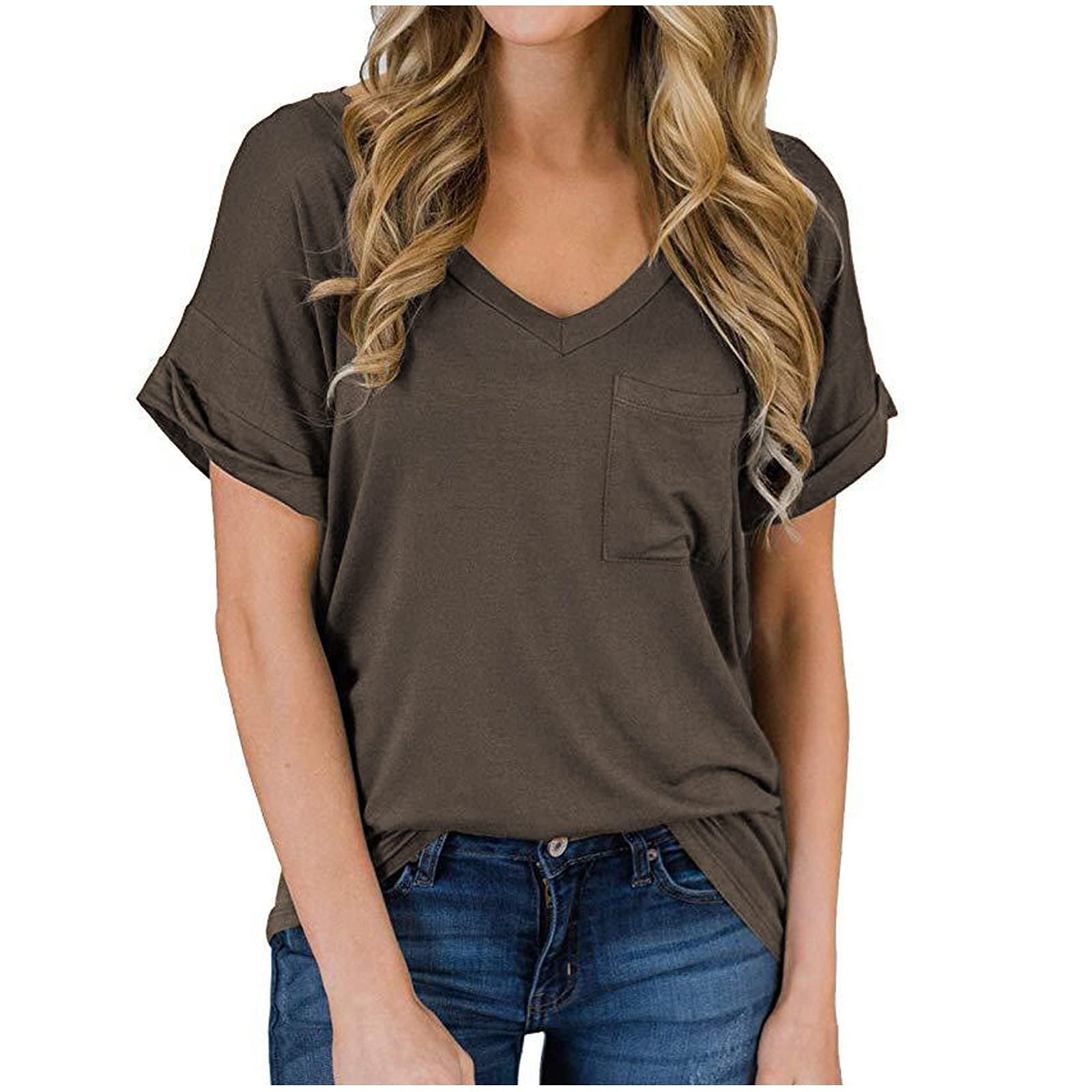 ZEFOTIM Women's Trendy Spring Fashion Solid Ruffled Pocket Long Sleeve V-Neck Blouse - Casual Tunic Top for Work, Date Night & Everyday Wear