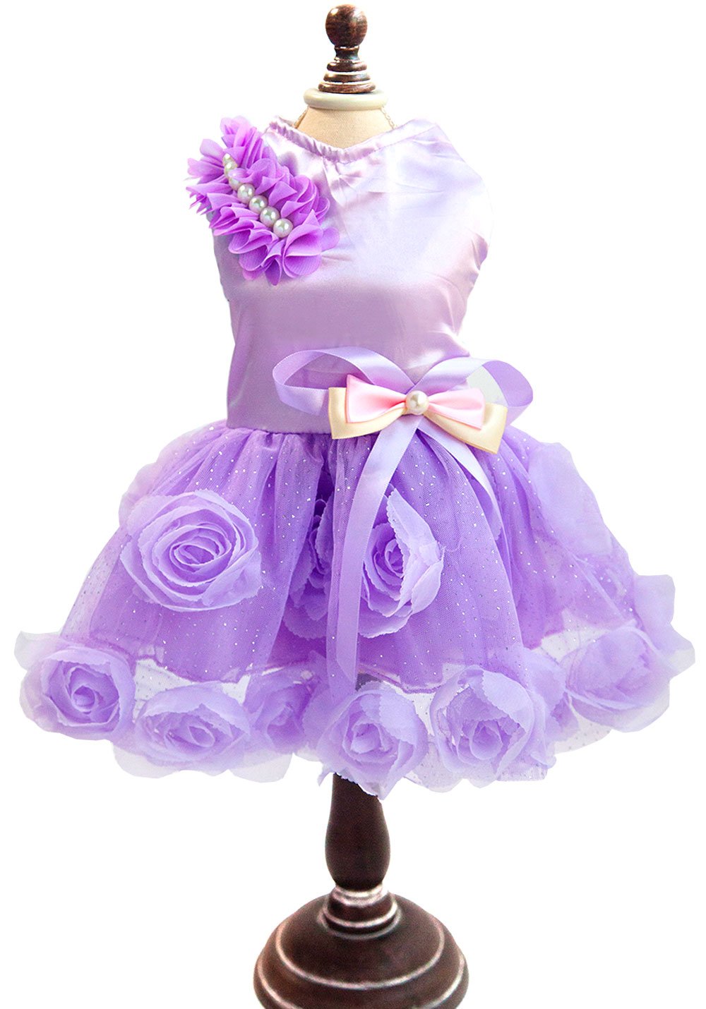 Small Dog Wedding Dress with Bowknot - Satin Rose Pearls Pet Formal Dress for Birthday Party & Special Occasions - Purple Violet Tutu Costume for Cats & Puppies XS | Perfect for Weddings, Photo Shoots & Celebrations
