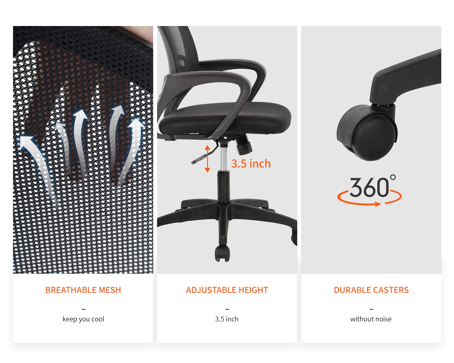 Ergonomic Mesh Office Chair with Lumbar Support - Adjustable Mid-Back Computer Desk Chair with Armrests & Rolling Swivel for Home & Executive Use - Comfortable Task Chair for Long Work Hours (Black)