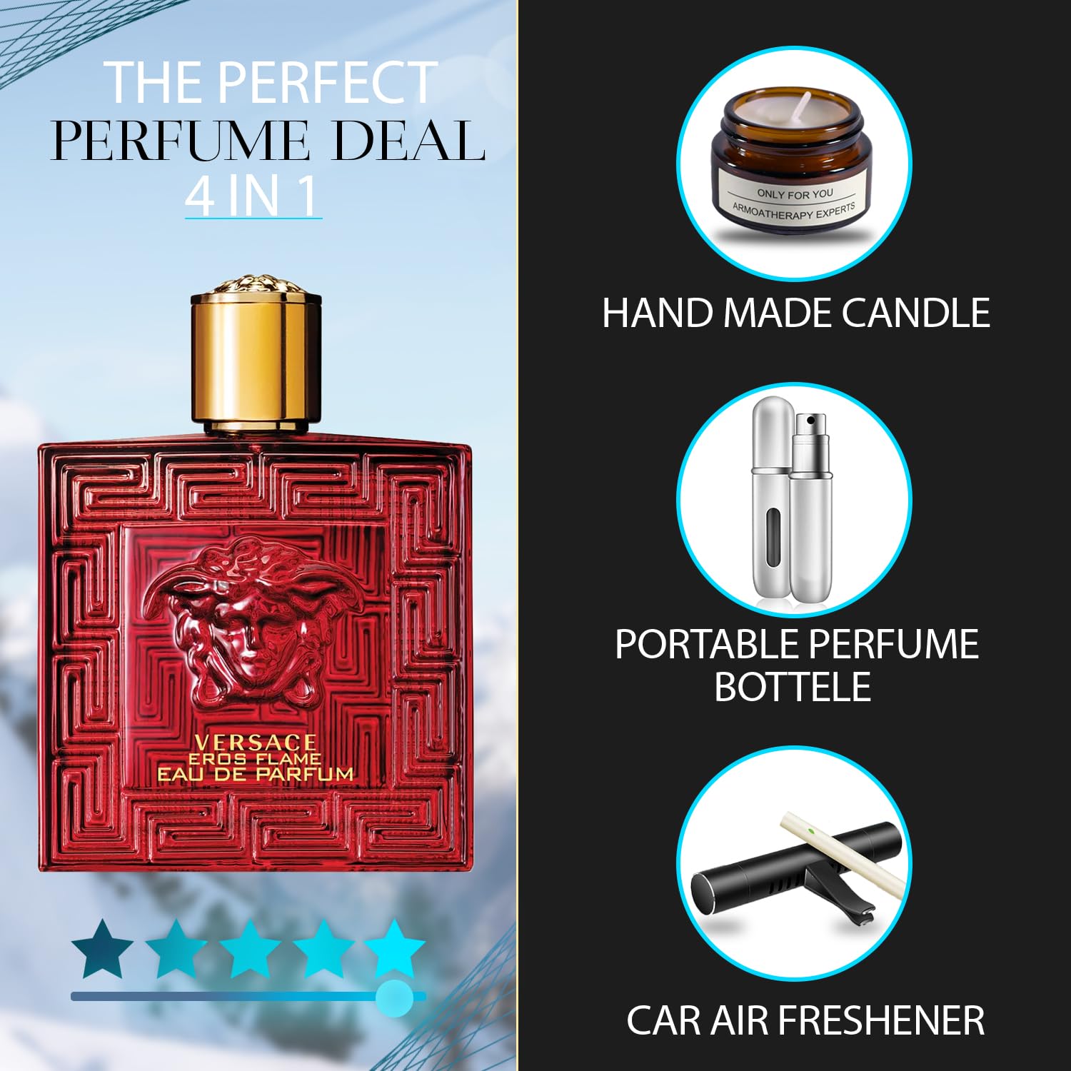 Eros Flame for Men | 3.4 Oz Eau de Parfum Spray Gift Set with Lavender Soy Candle (5 ml), Car Air Fresheners & Travel Perfume Atomizer - Perfect Cologne Kit for Him, Ideal for Gifts, Date Nights & Everyday Wear
