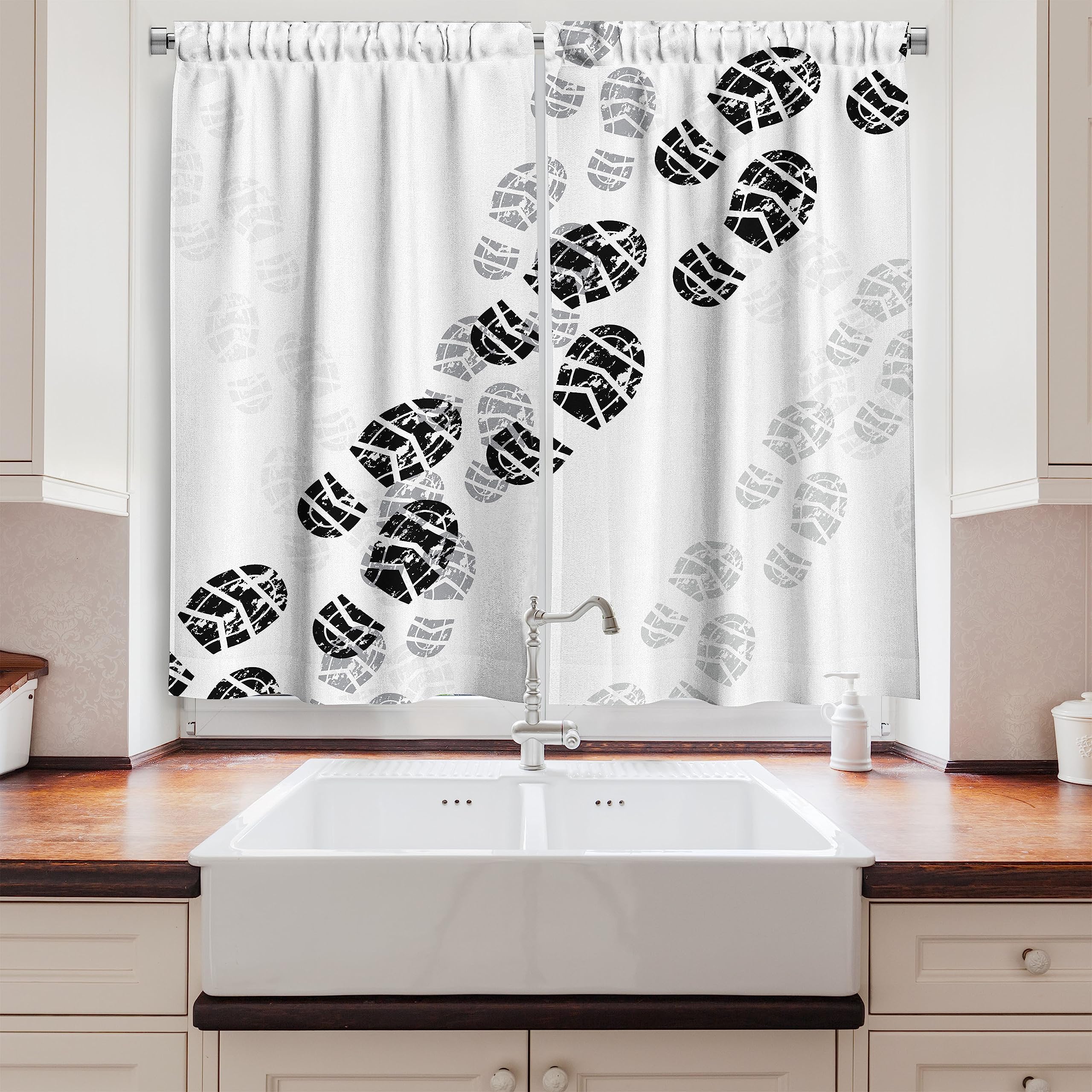 Ambesonne Running Kitchen Curtains - Grunge Shoe Print Pattern in Greyscale | 2 Panel Window Drapes for Kitchen & Cafe Decor | 55 x 39 Inches | Pale Grey Dimgray | Perfect for Modern Home, Restaurant & Office Spaces