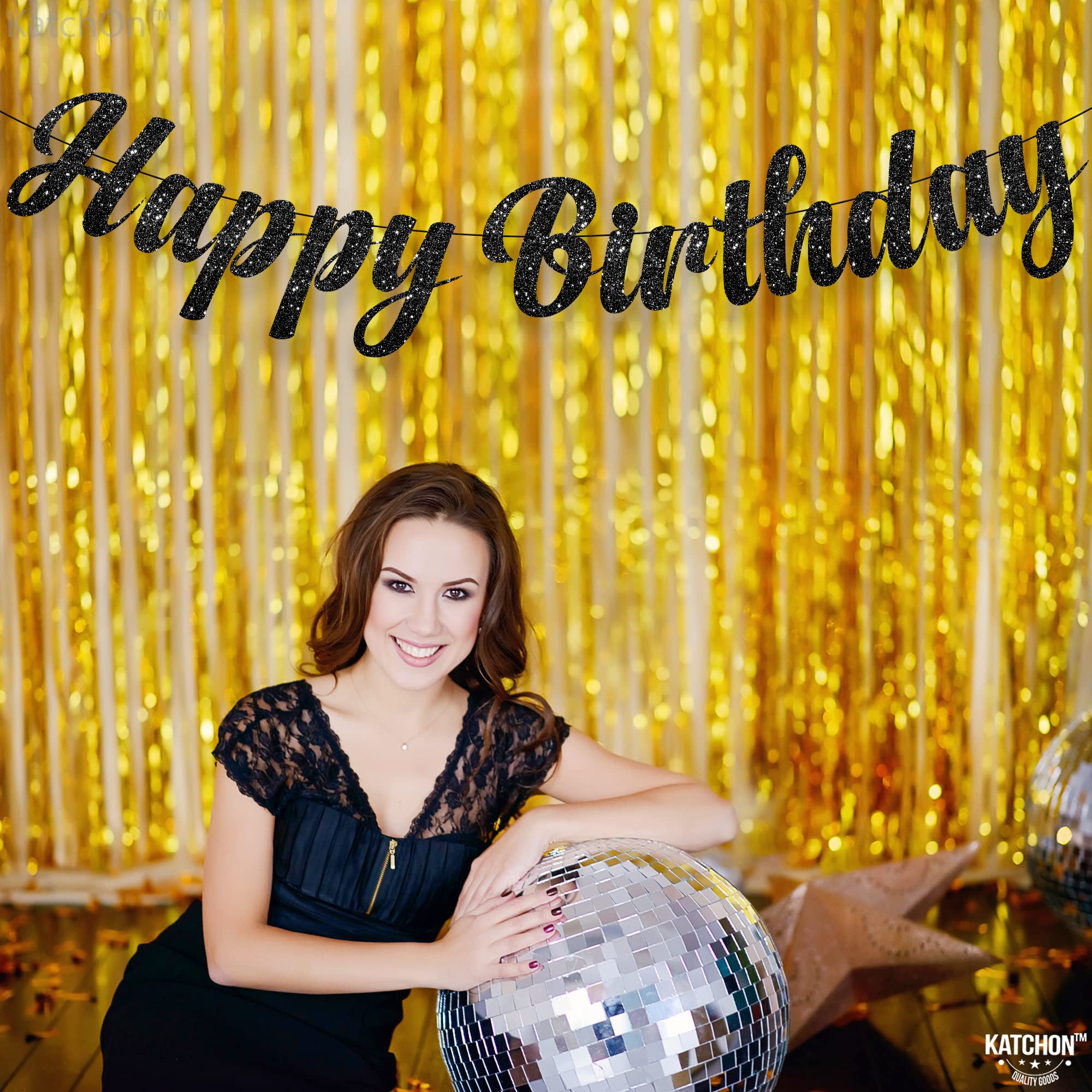 KatchOn Glitter Black Happy Birthday Banner - Pre-Strung 10ft Large Birthday Sign for Men | Gothic Birthday Party Decorations | Perfect for Adult Birthday Parties, Halloween Celebrations & Dark Theme Events