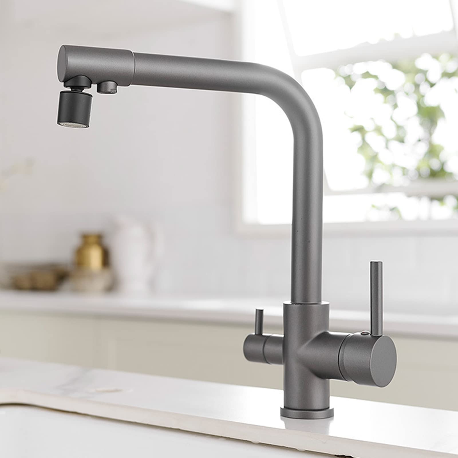 3-Way Kitchen Faucet with Pull-Down Sprayer - Grey Brushed Nickel Sink Faucet with Hot/Cold Water & Filtered Water - Perfect for Modern Kitchens, Bar Sinks & RV Use