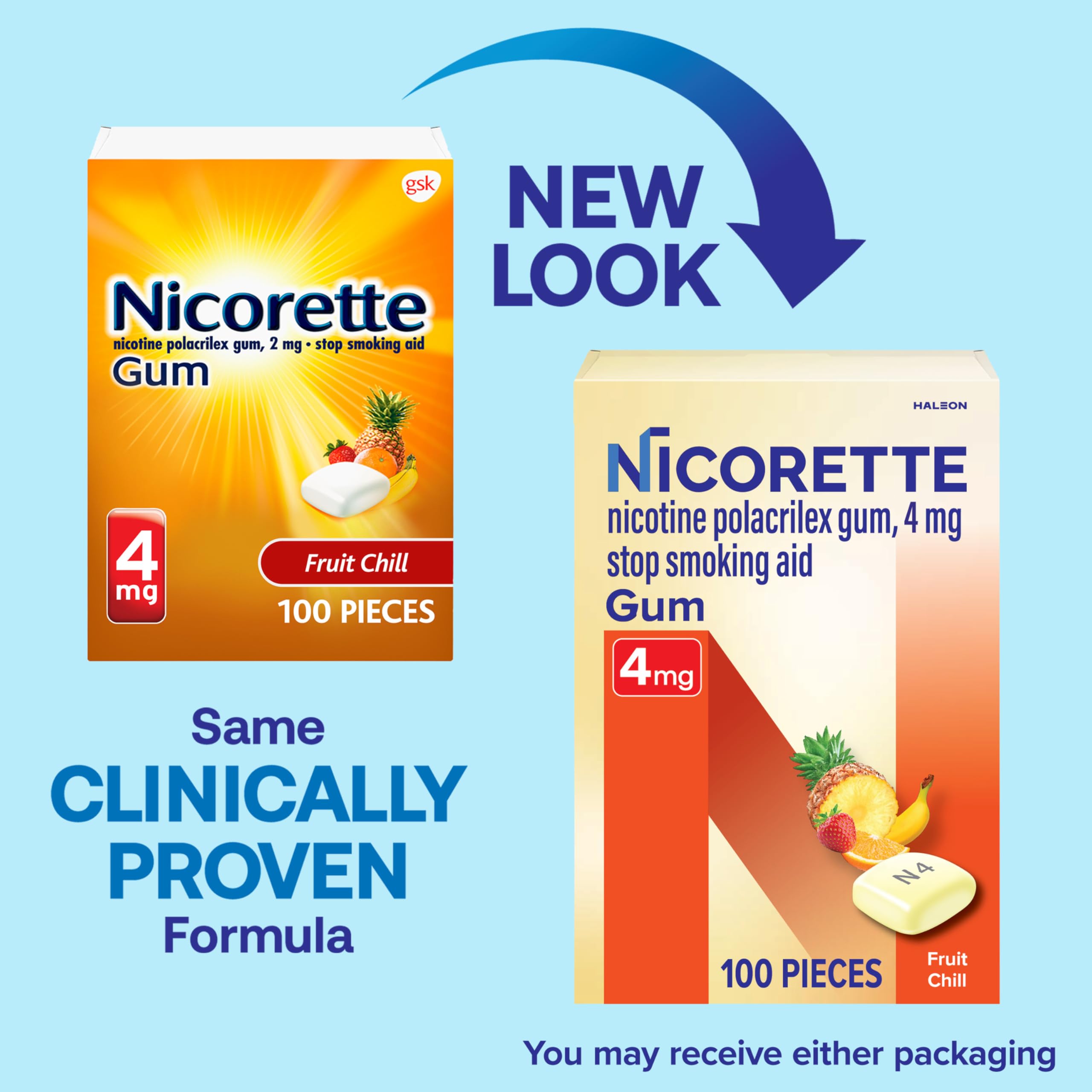 Nicorette 4mg Nicotine Gum for Quitting Smoking - Fruit Chill Flavor, 100 Pieces | Stop Smoking Aid, Nicotine Replacement Therapy for Smokers | Perfect for Work, Travel & Stressful Situations