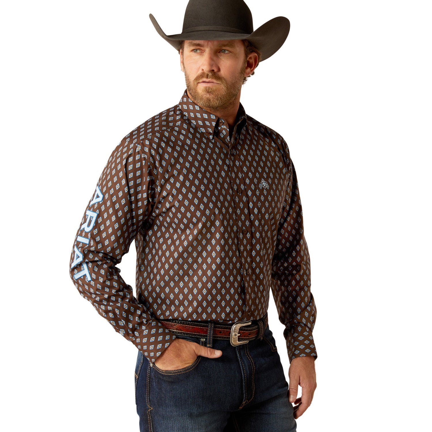 Ariat Men's Team Oak Classic Fit Western Shirt - Brown & Light Blue Plaid for Casual Wear, Rodeo & Outdoor Activities