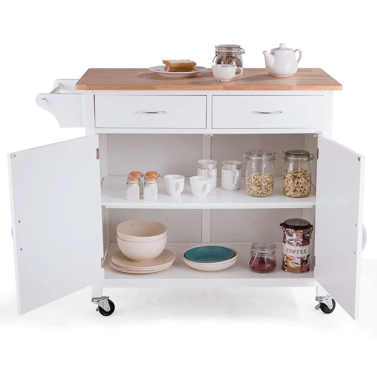 Modern White Kitchen Island Cart with Double Drawers, 2-Tier Shelf & Cabinet Door - Pine Wood Top Rolling Serving Cart for Food Prep, Storage & Towel Organization - Perfect for Small Kitchens, Dining Rooms & Buffet Serving