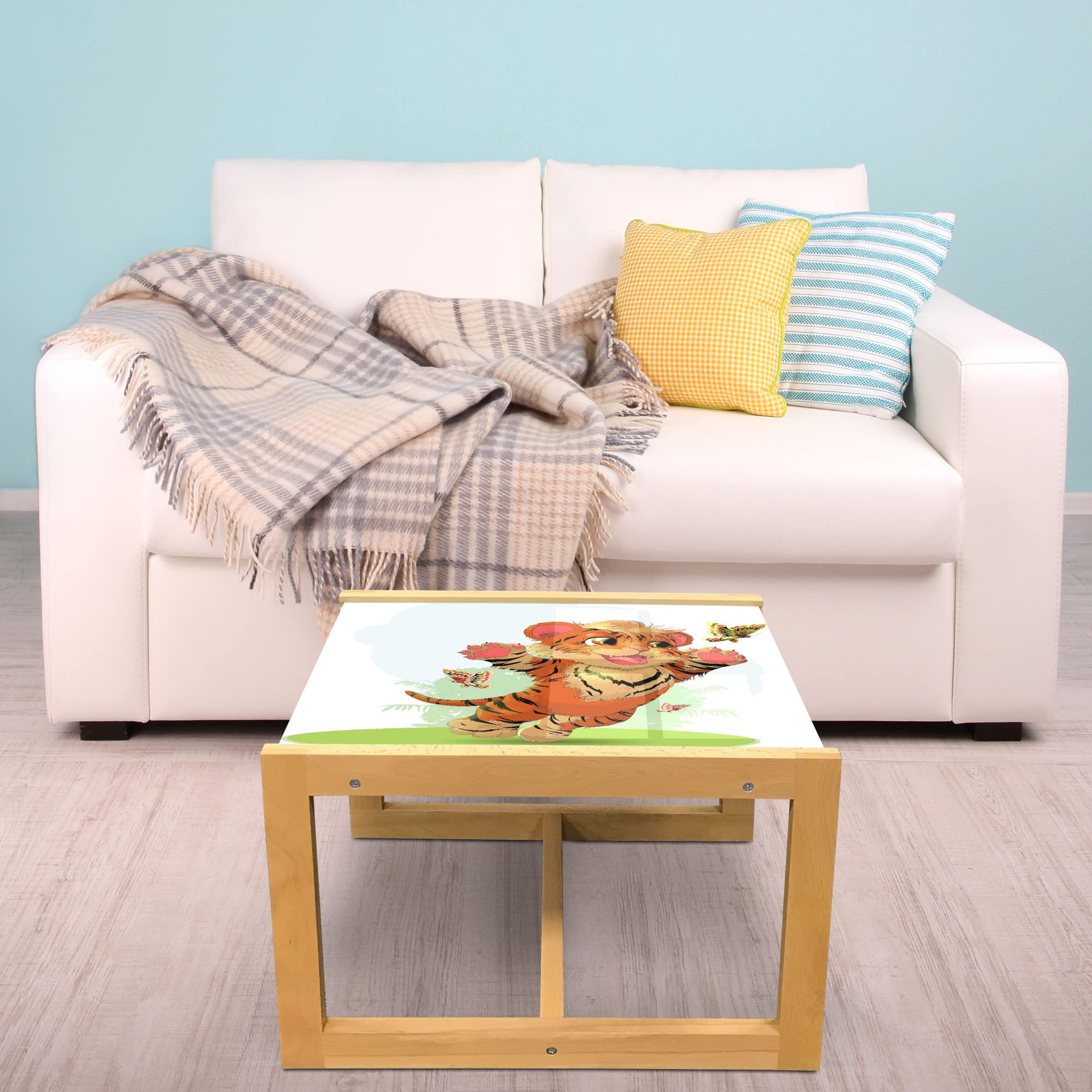 Playful Tiger Cat Coffee Table - Wooden Frame, Acrylic Glass Top for Office & Dorm Decor