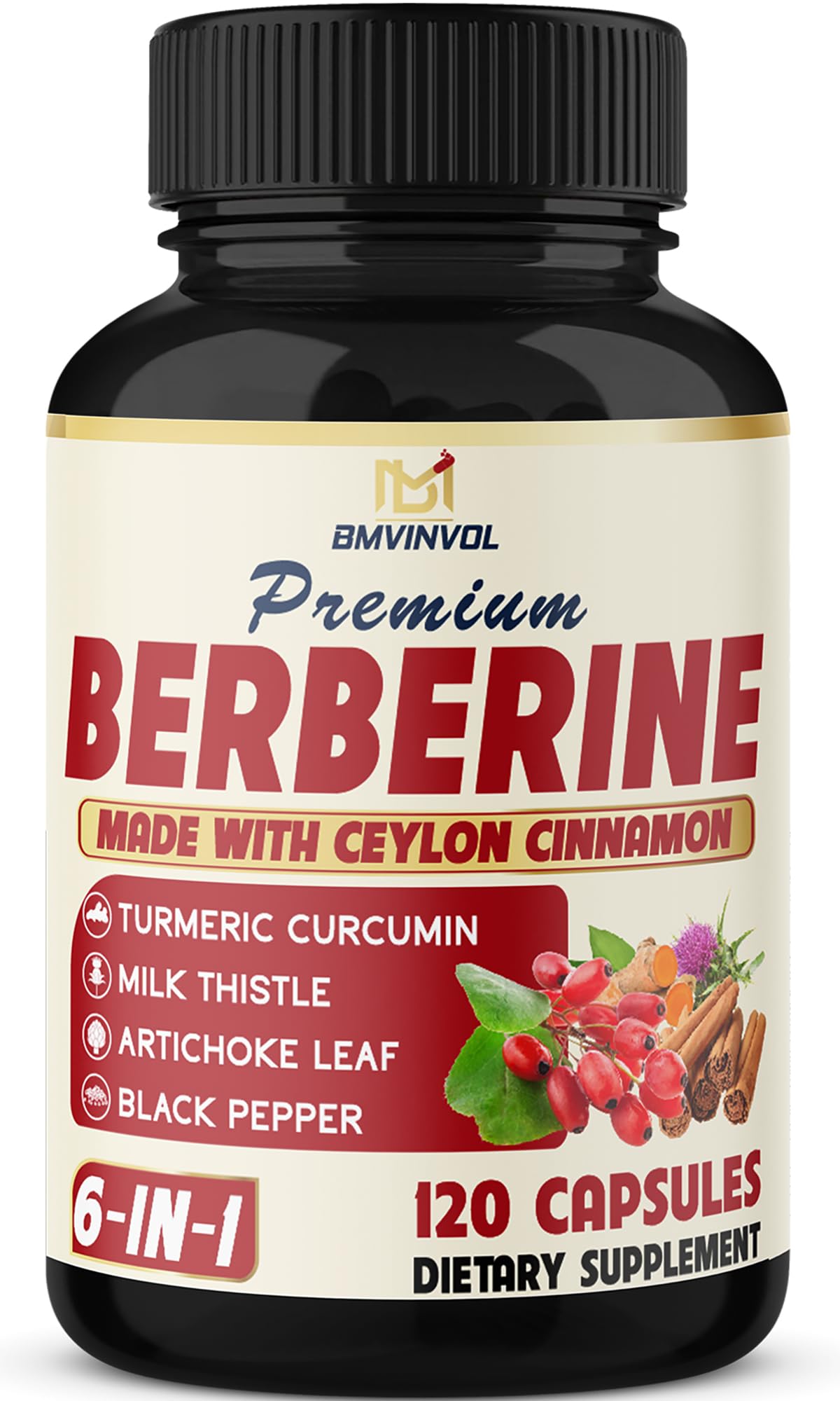 BMVINVOL 6-in-1 Berberine Supplement with Ceylon Cinnamon, Turmeric Root, Milk Thistle, Artichoke & Black Pepper - 120 Capsules (4 Month Supply) | Supports Digestive Health, Blood Sugar Balance & Liver Function | Ideal for Daily Wellness Routine & Natural Detox