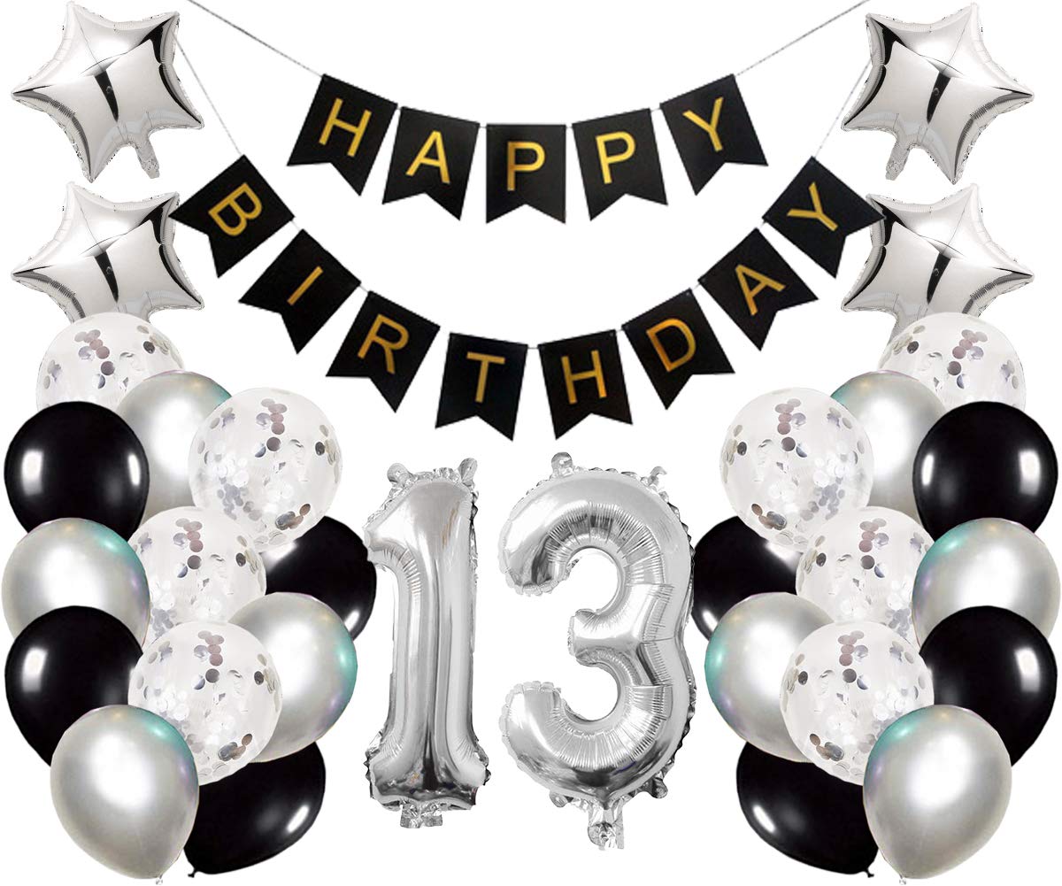 13th Birthday Party Decorations Kit - Happy Birthday Banner, Number 13 Balloons, Silver & Black Party Supplies - Perfect for Teen Birthday Celebrations & Milestone Parties