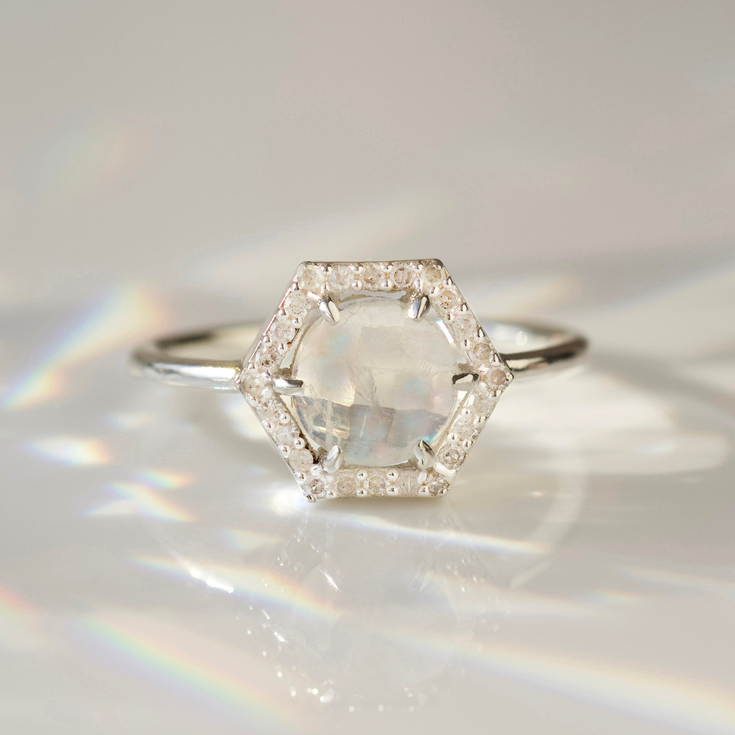 Moonstone & Diamond Hexagon Ring for Women - Elegant Vintage Jewelry for Engagement, Wedding, Anniversary & Special Occasions
