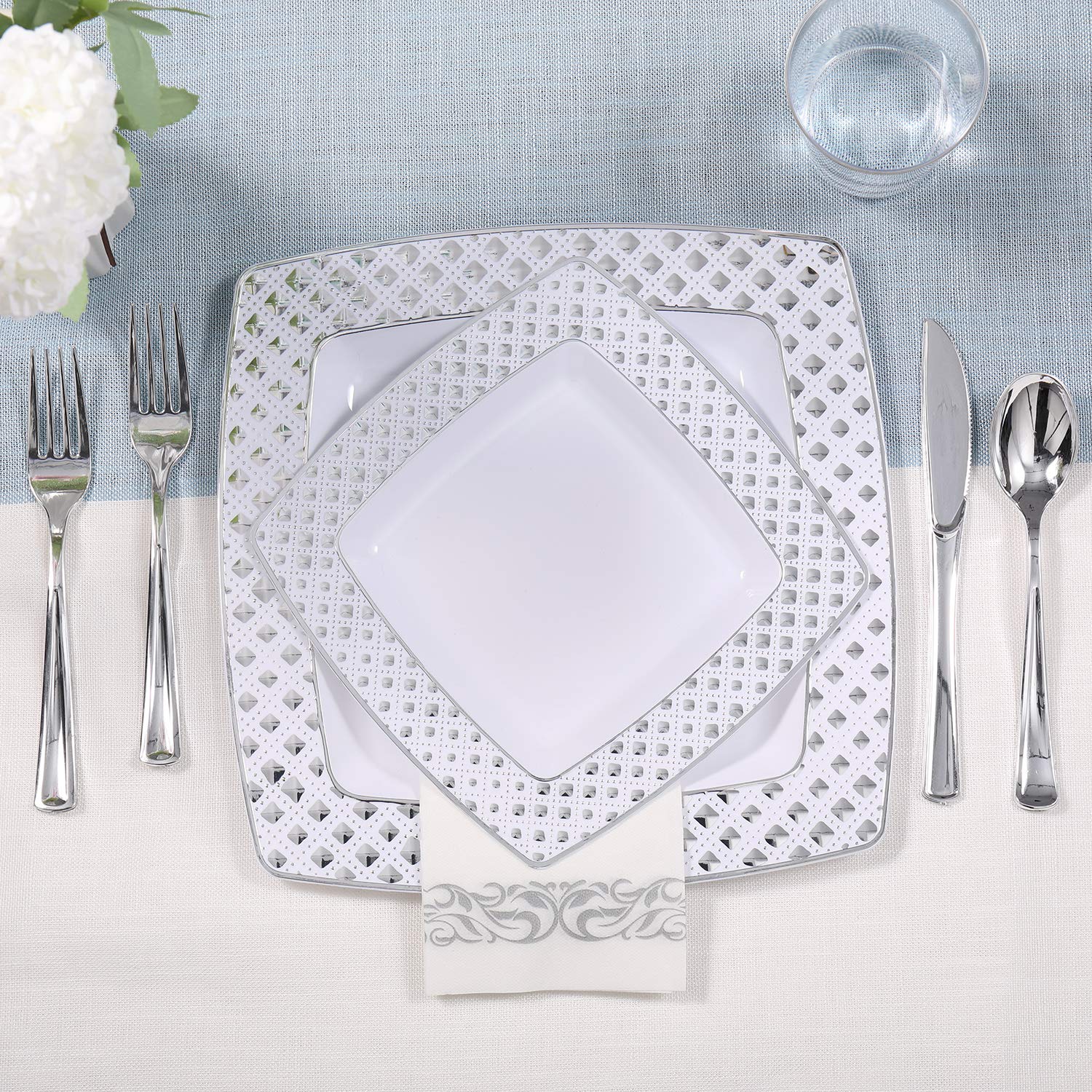 FOCUSLINE 175-Piece Silver Disposable Dinnerware Set for 25 Guests - Elegant Square Plastic Plates with Diamond Design - Includes 25 Dinner Plates, 25 Dessert Plates, 25 Napkins, 25 Cups & 25-Piece Silverware Set - Perfect for Weddings, Parties, Catering & Special Events