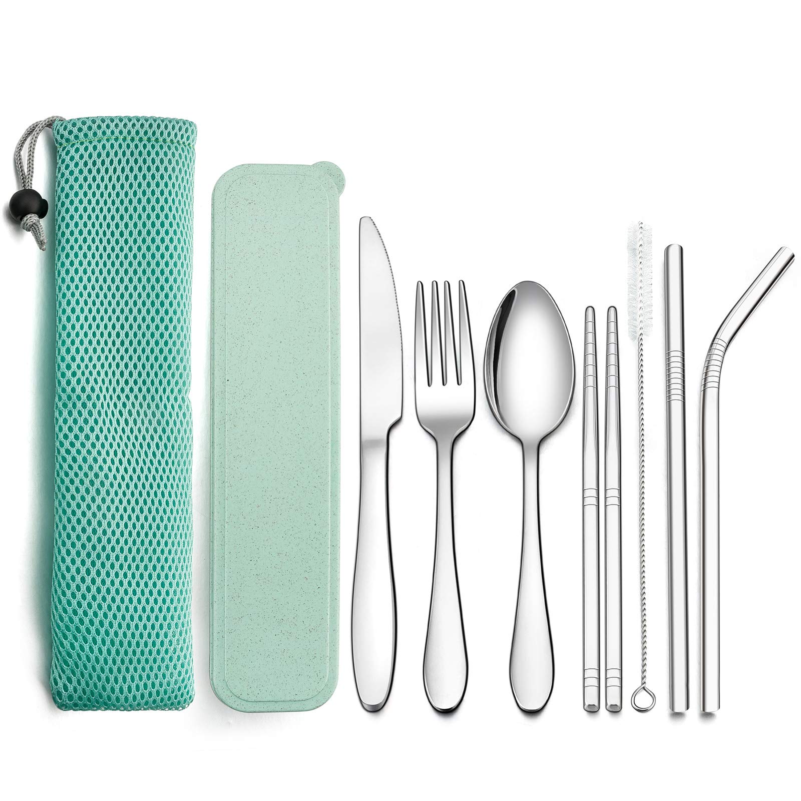LIANYU 9-Piece Stainless Steel Travel Utensil Set with Knife, Fork, Spoon, Chopsticks, Metal Straws & Cleaning Brush | Portable Green Case | Perfect for Camping, Picnics & On-the-Go Meals