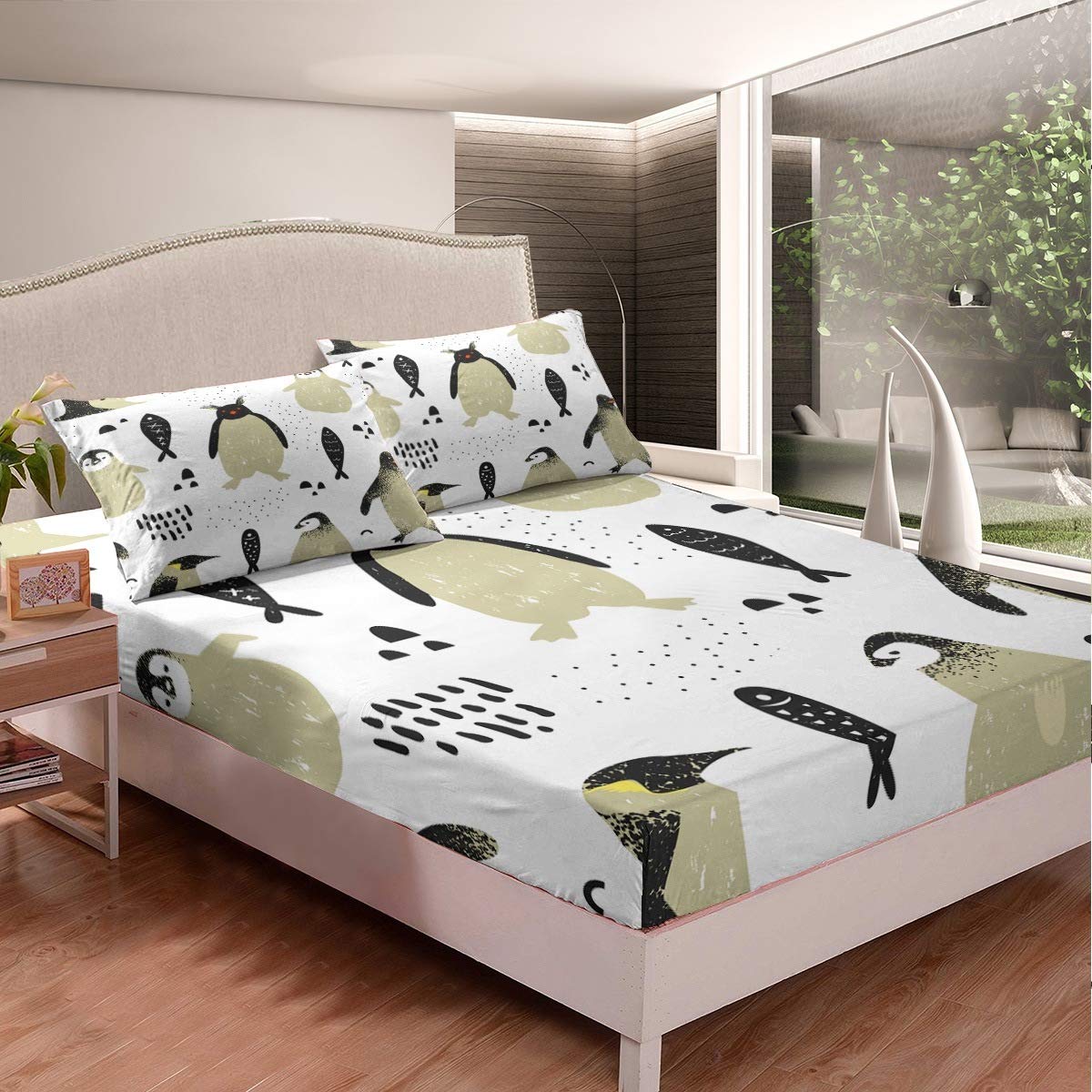 Funny Penguin & Black Fish Pattern Kids Fitted Sheet Set - Queen Size White Microfiber Bedding (1 Fitted Sheet + 2 Pillowcases) for Boys & Girls - Perfect for Themed Bedrooms, Sleepovers & Kids Room Decor